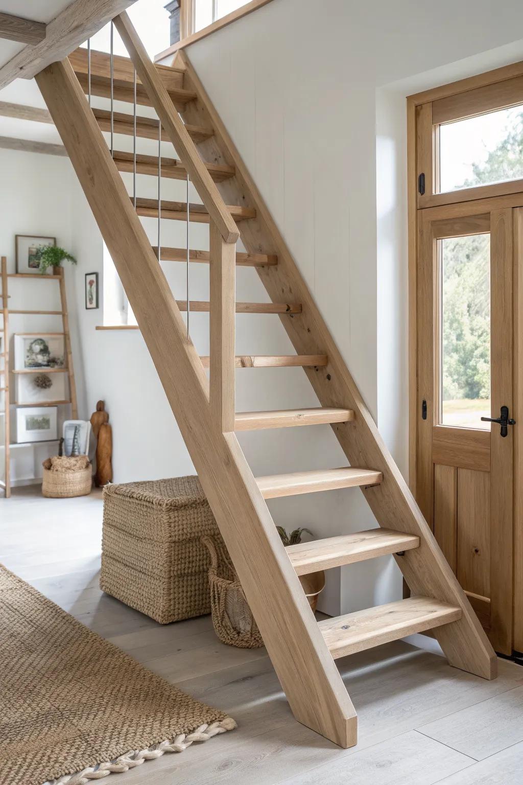 A space-saving ship-ladder staircase in warm oak—minimal, sturdy, and loft-ready.