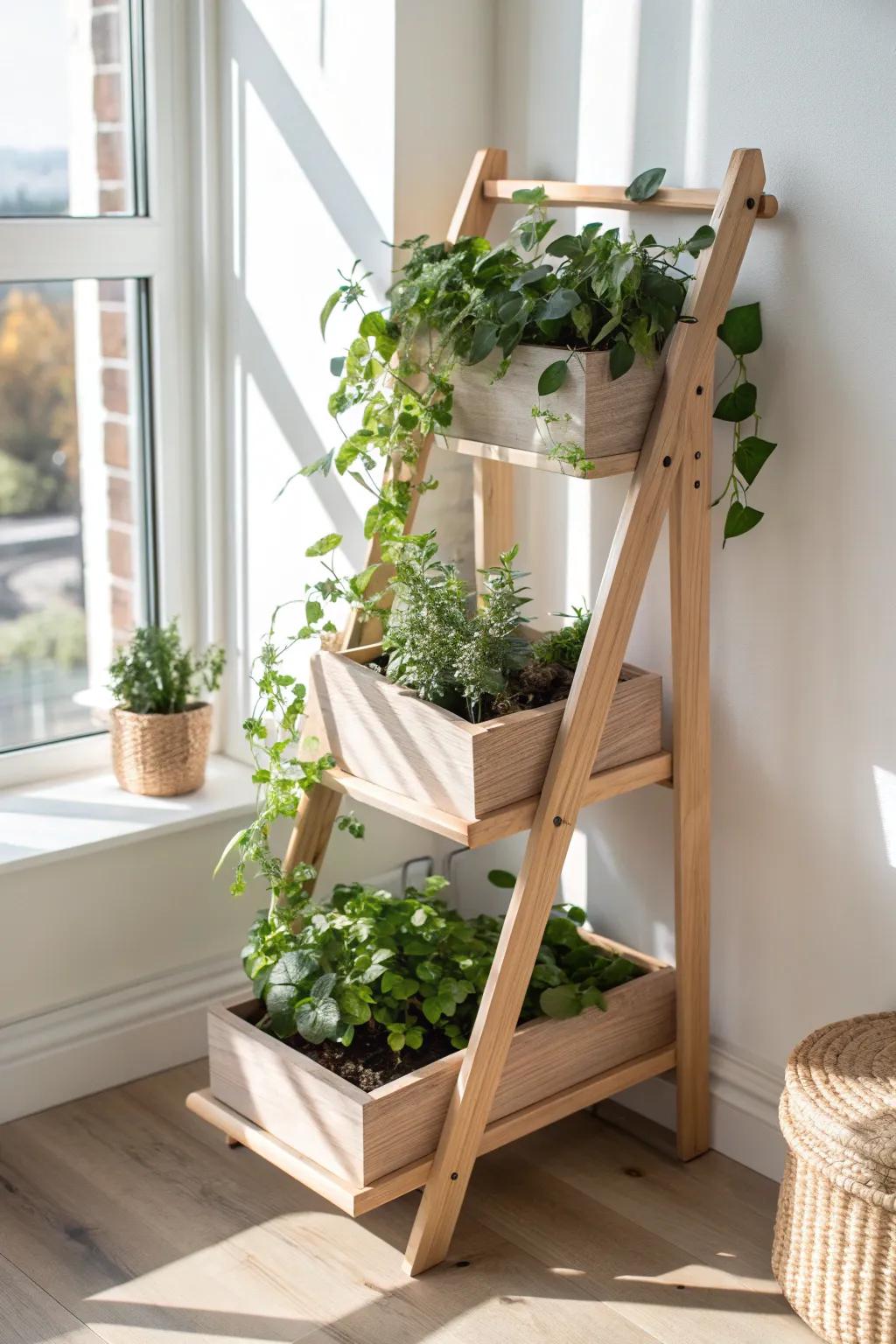 A space-saving tiered wood planter stand—staggered boxes so every plant gets the light.