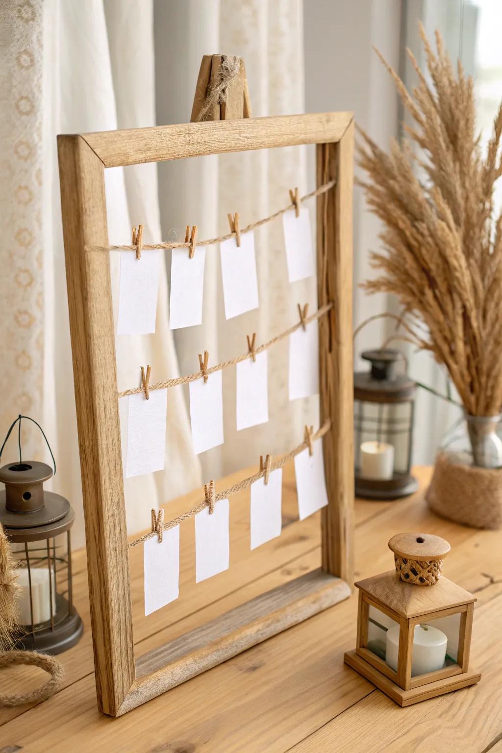 Twine, wood clothespins, and a soft lantern glow—simple escort cards with rustic charm indoors.