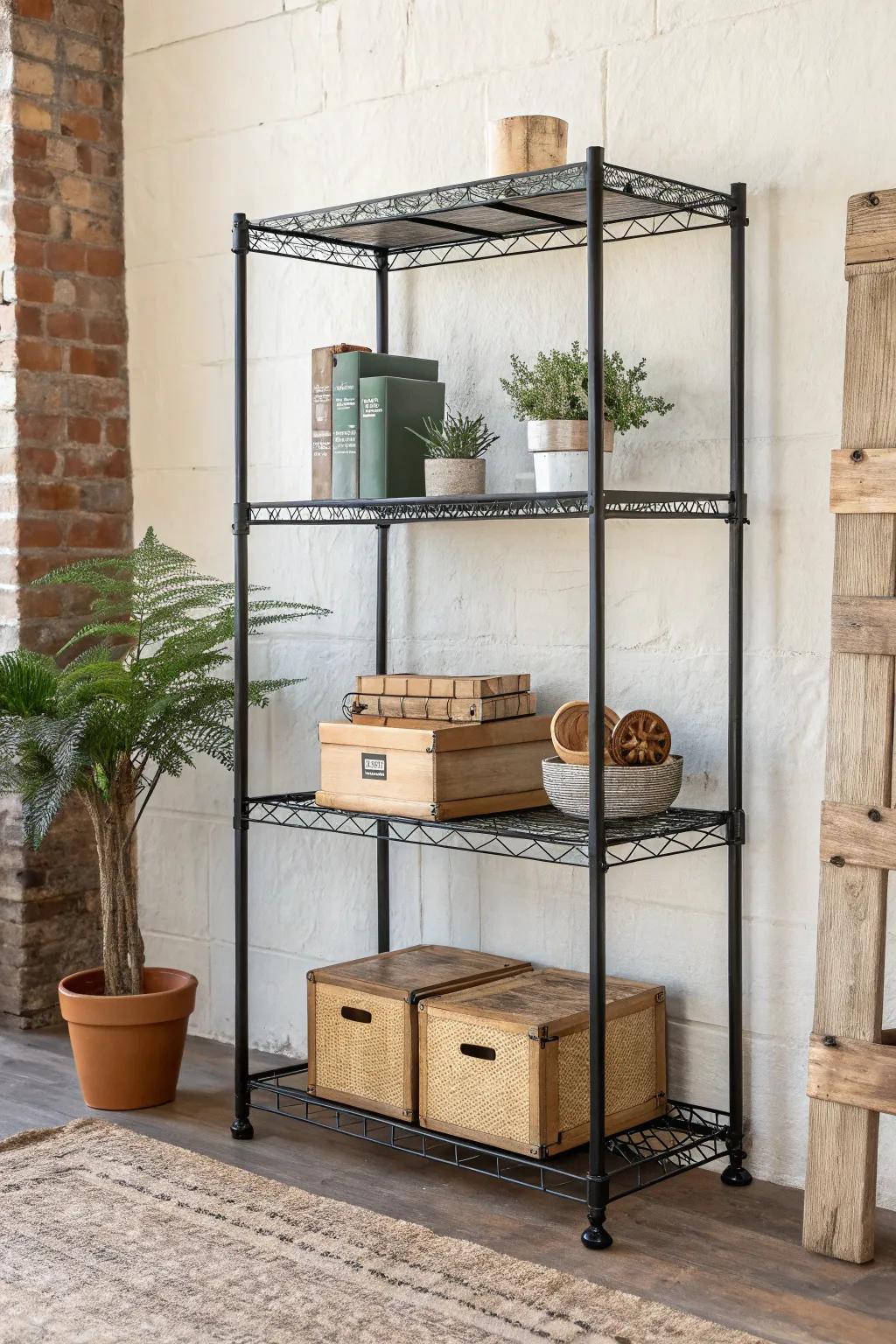 Adjustable wire-mesh shelves: warehouse edge with airy, dust-free storage that adapts.