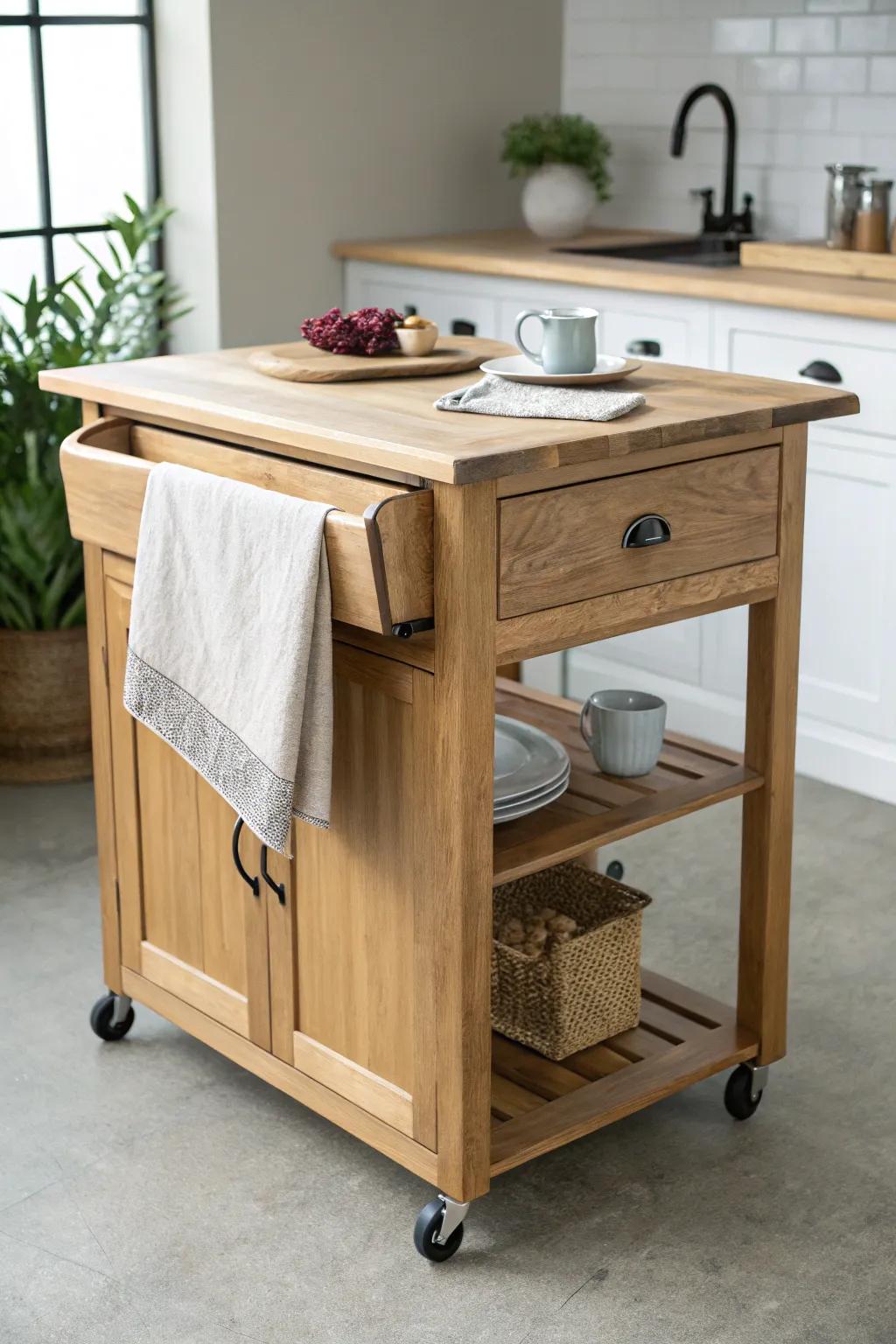 A rolling oak island with drop-leaf wings—prep space, breakfast bar, or compact cart in seconds.