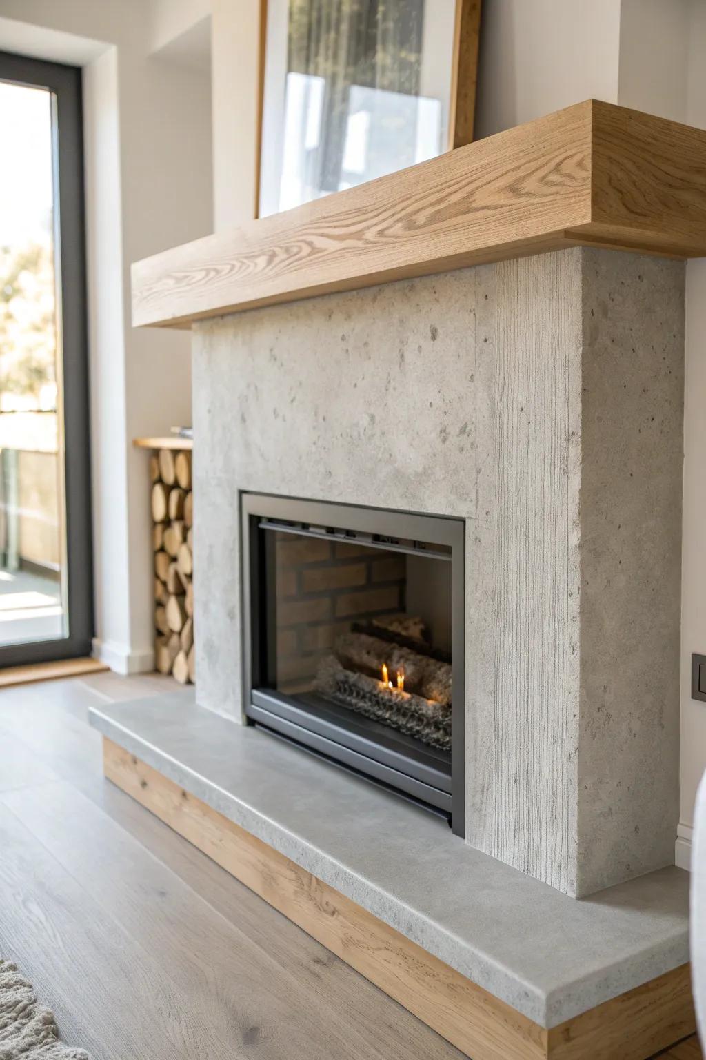 Concrete-look inset fireplace with a whisper of wood grain and a simple oak mantel.