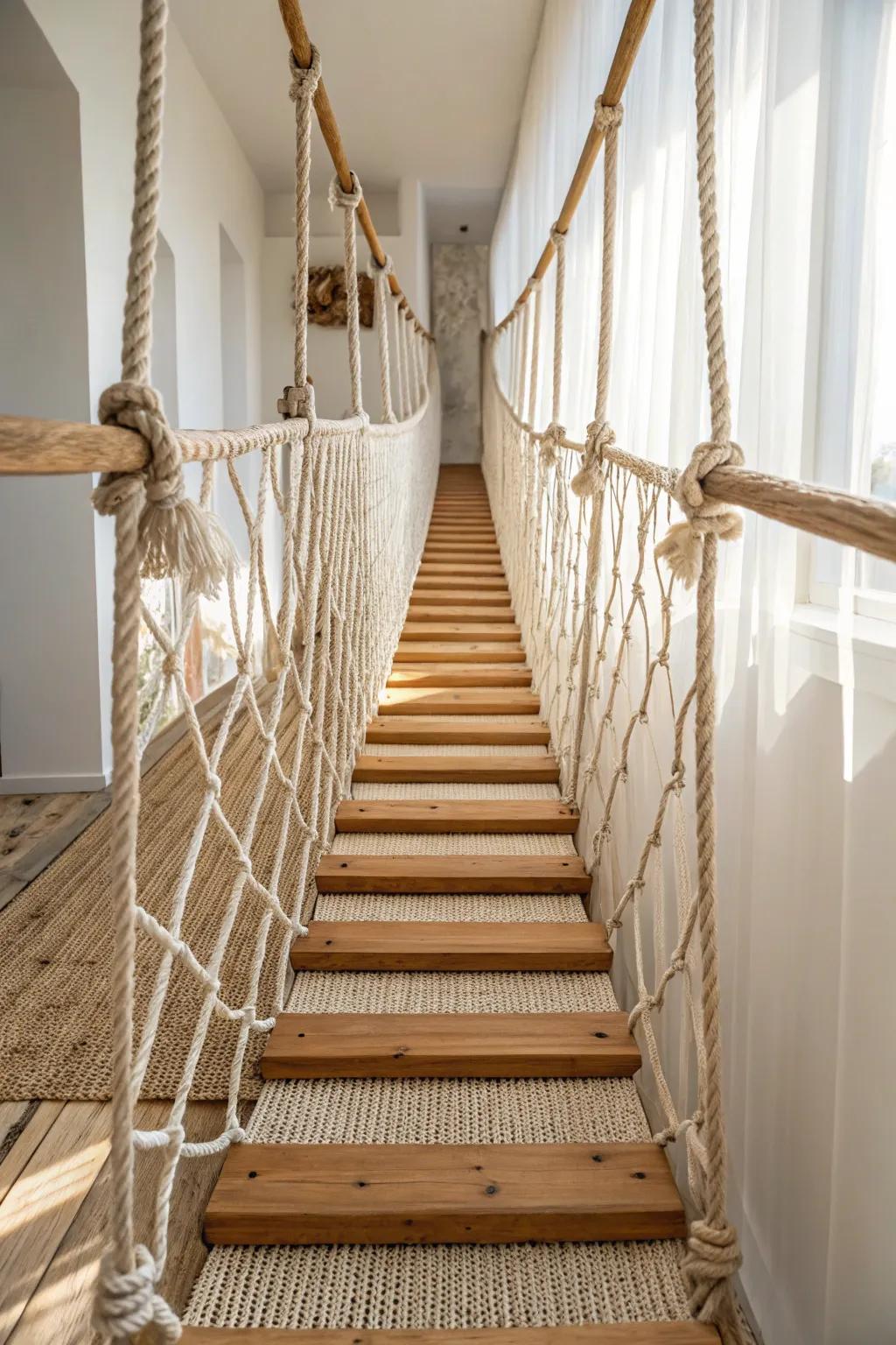 An indoor treehouse rope bridge with chunky oak treads—minimal, warm, and wow-worthy.