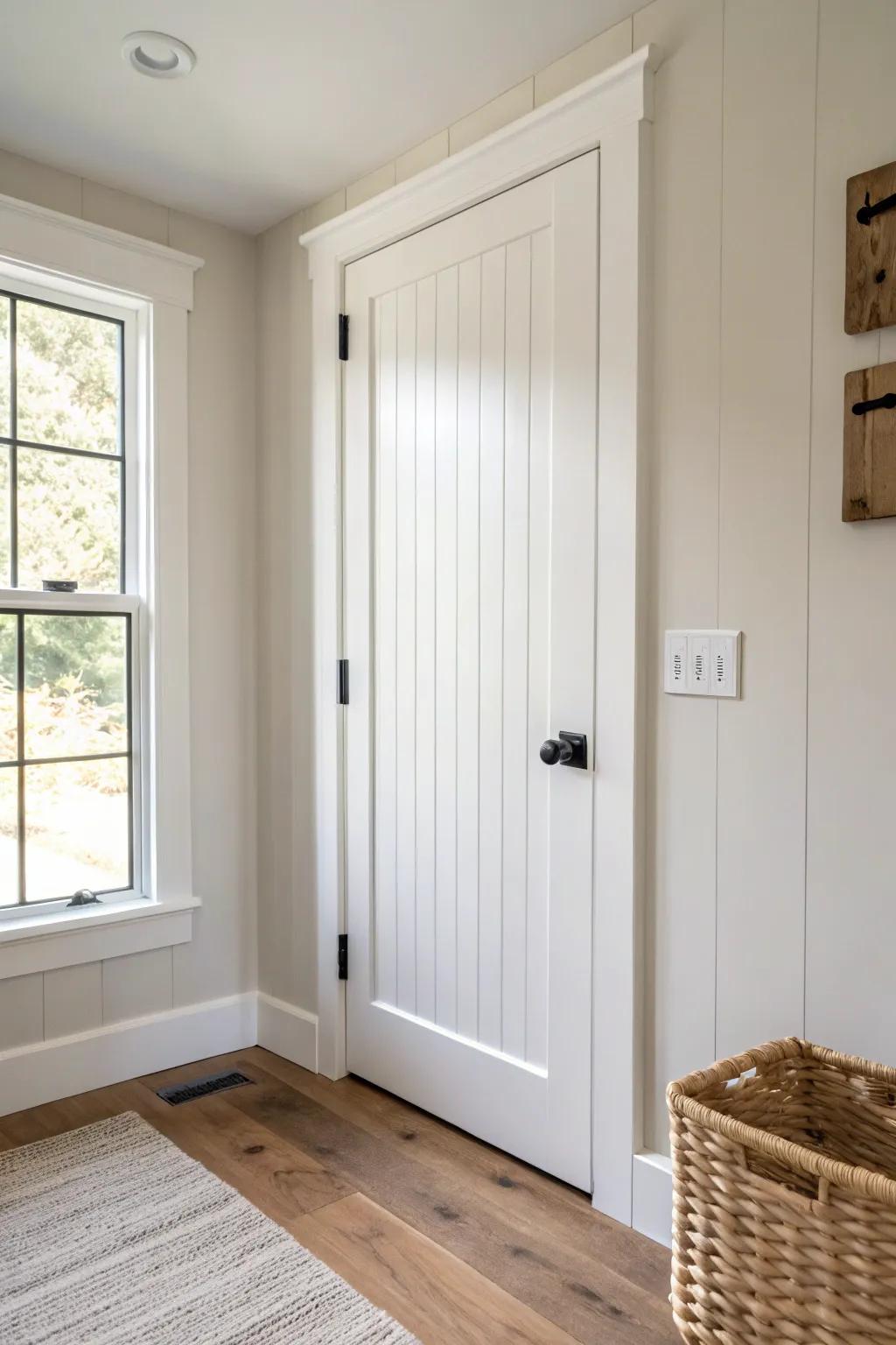 Beadboard panels + fresh paint turn a plain basement door into cozy farmhouse charm.