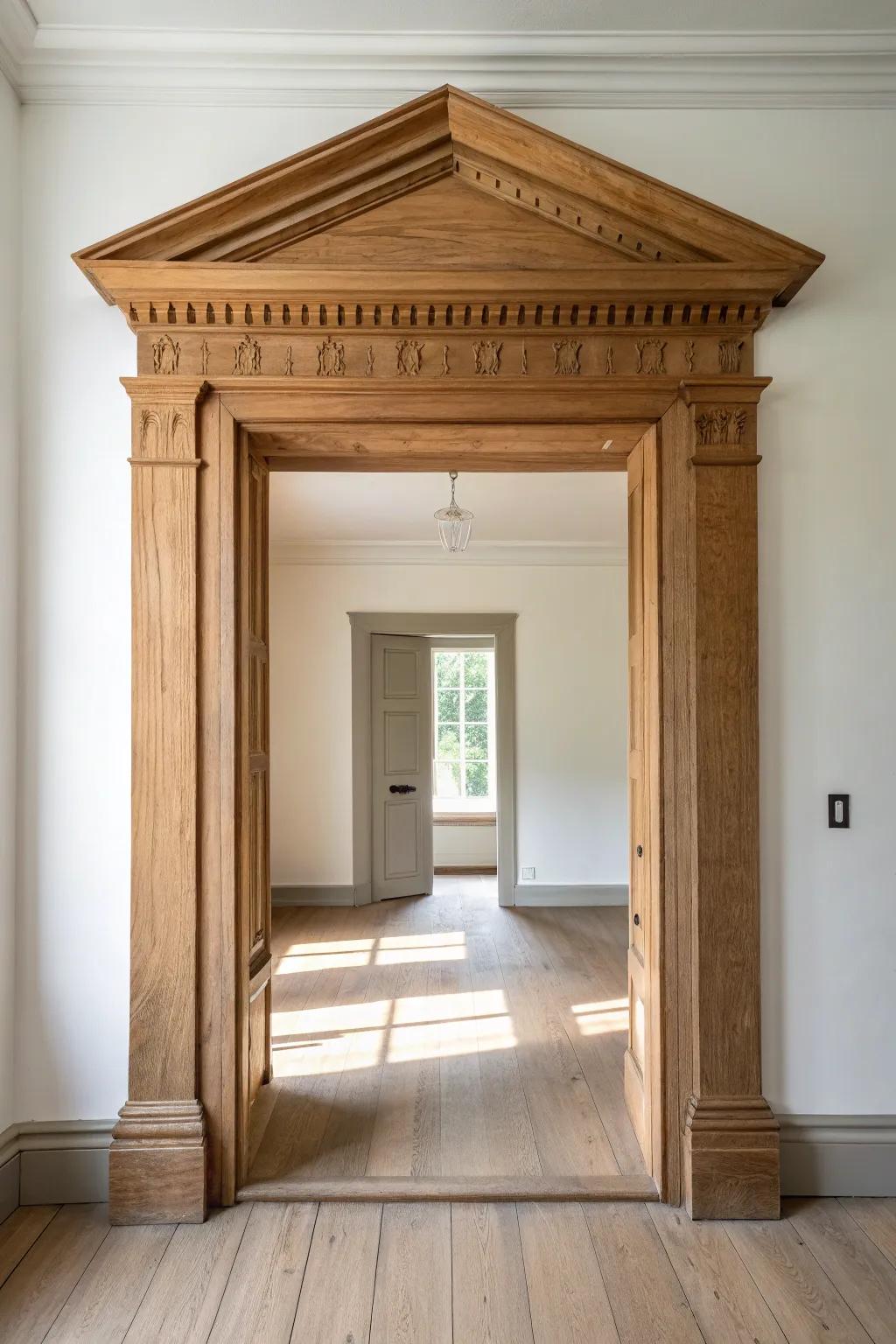 A simple pediment cased opening adds instant colonial character and room-to-room hierarchy.