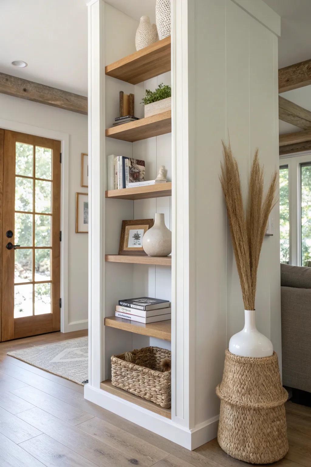 Make an interior column shine with light-oak wraparound shelves for books, baskets, and pottery.