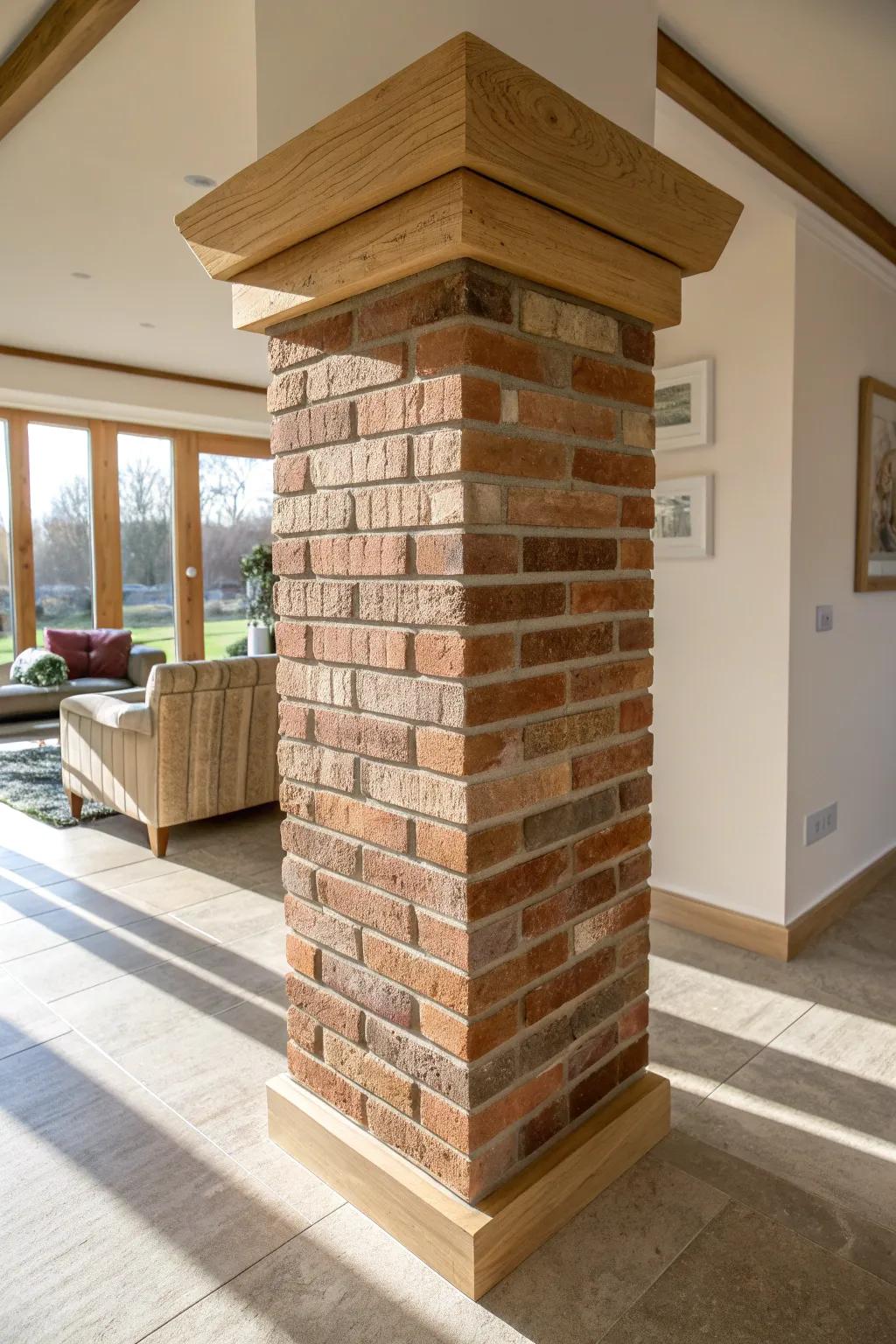 Brick slip column wrap with a clean oak cap—warm texture meets minimalist Scandinavian calm.
