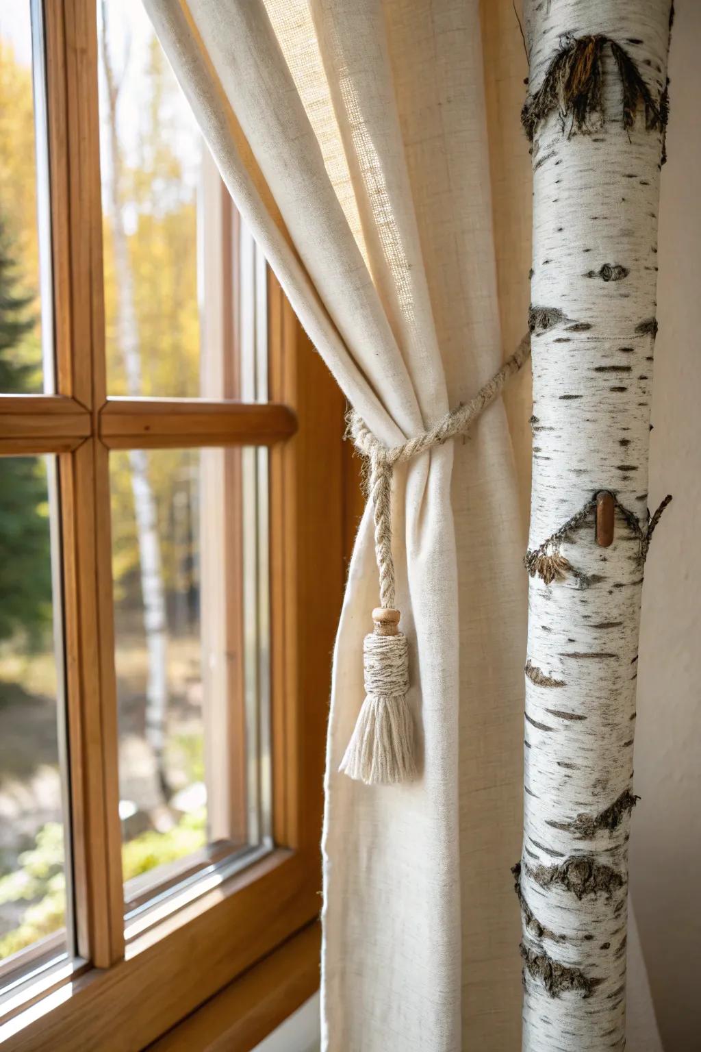 Easy birch branch tieback + twine adds a subtle rustic pop to airy linen curtains.
