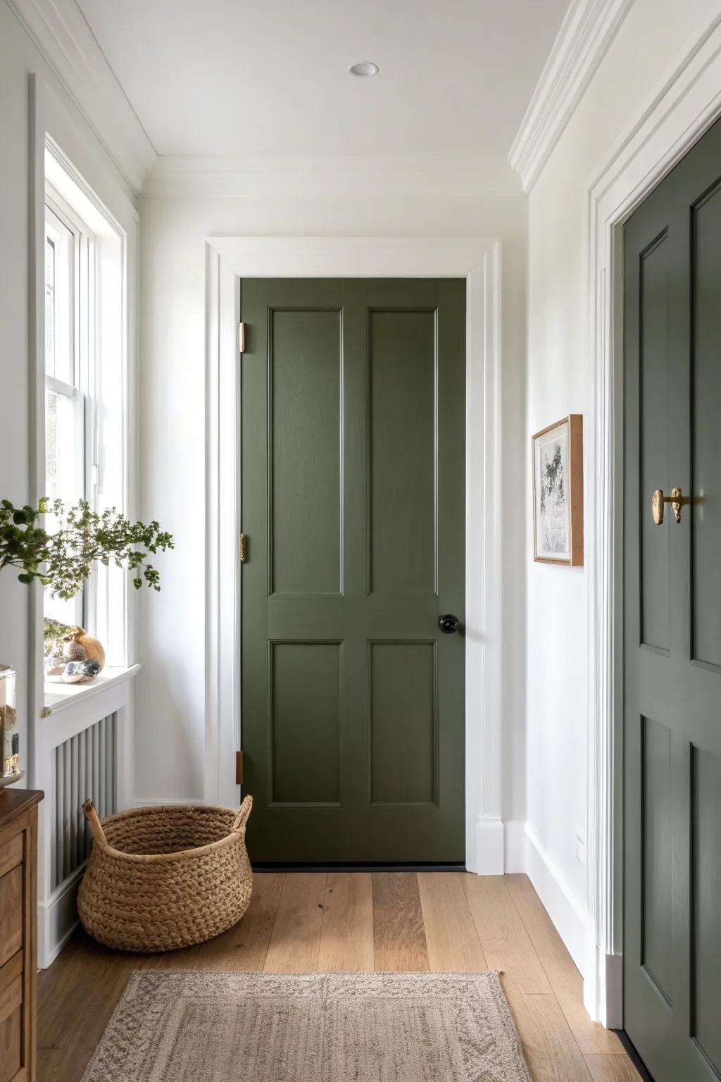 Deep olive doors with crisp white trim—moody, modern, and perfect with warm wood accents.