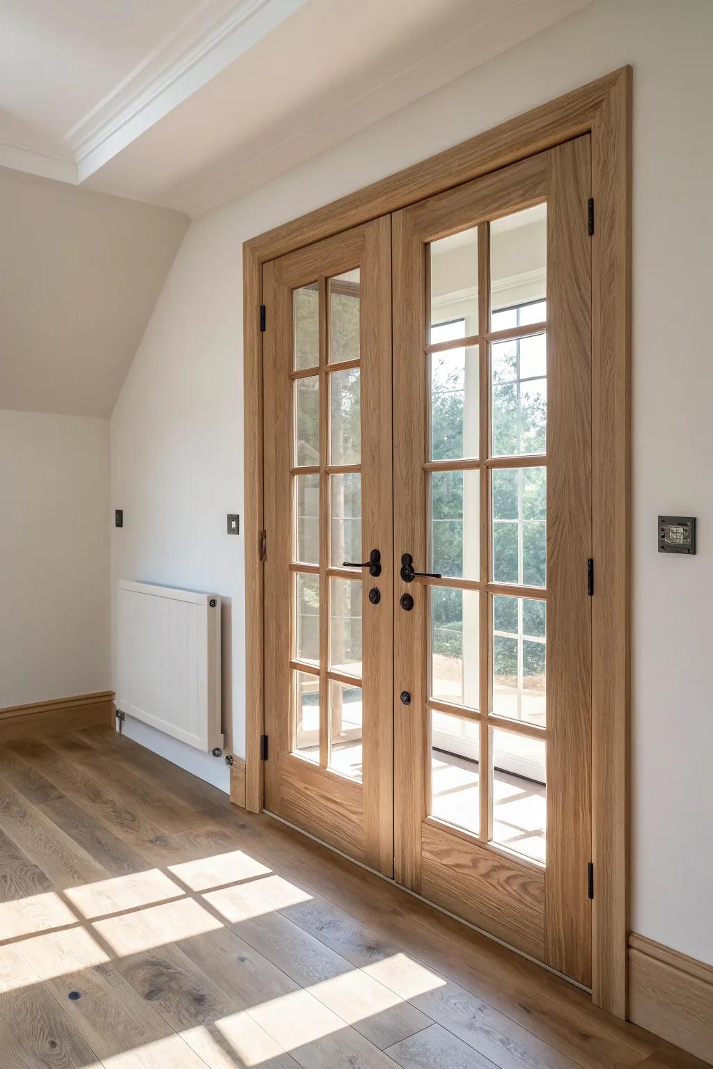 Floor-to-ceiling French doors that stretch the room upward—airy, crafted, and timeless.