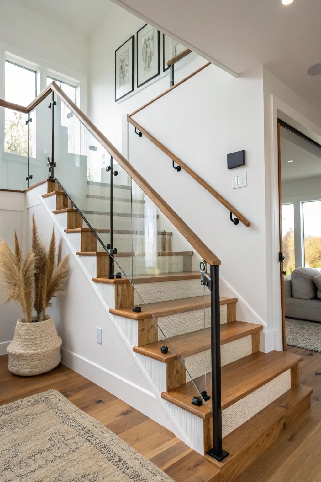 Bright glass railing + warm oak steps for an airy staircase that still feels cozy.