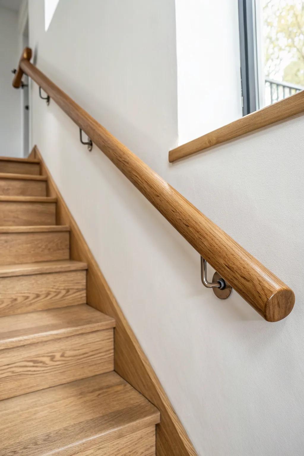Floating oak handrail with hidden supports—minimal, warm, and beautifully high-end.