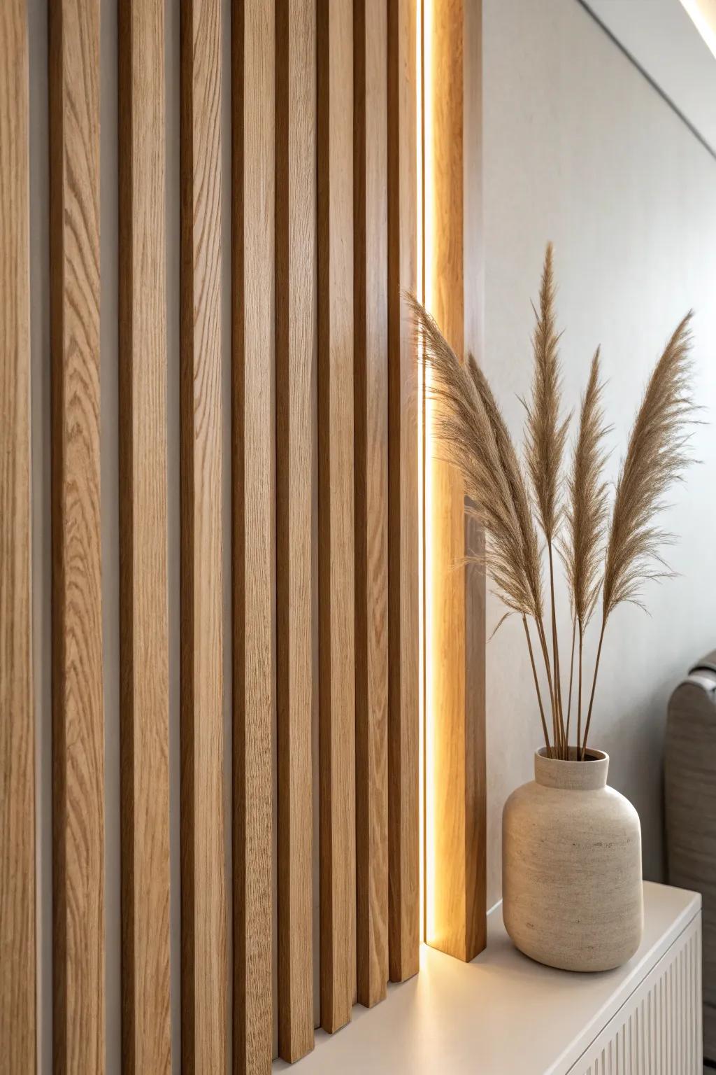 Soft hidden LED backlighting between oak slats for a cozy, minimalist glow at night.