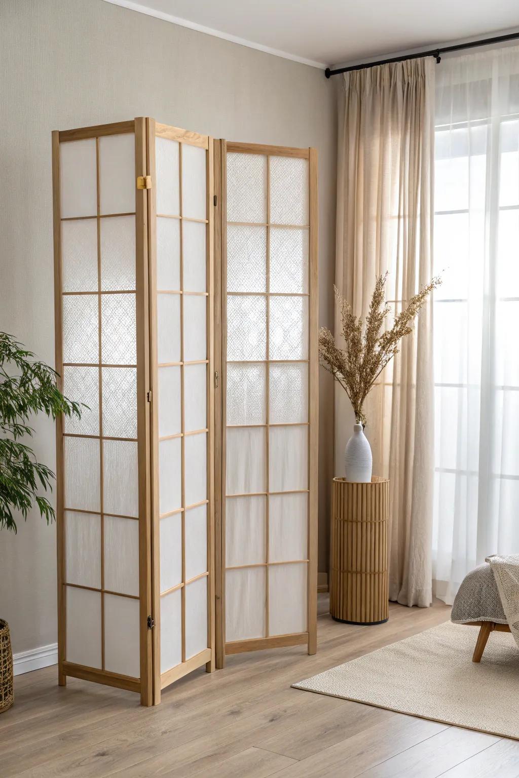 Shoji-inspired oak divider—minimal Japandi zoning that separates the dining nook without blocking light.