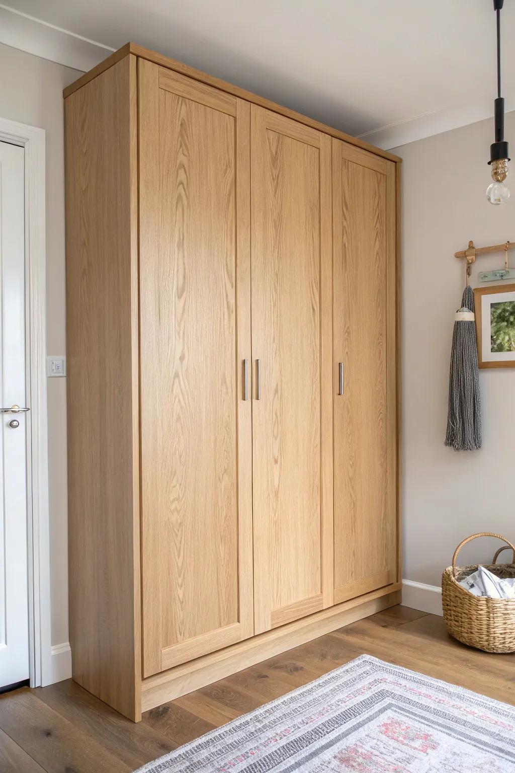 Flat-front oak doors hide storage in plain sight for a calm Japanese modern wall.
