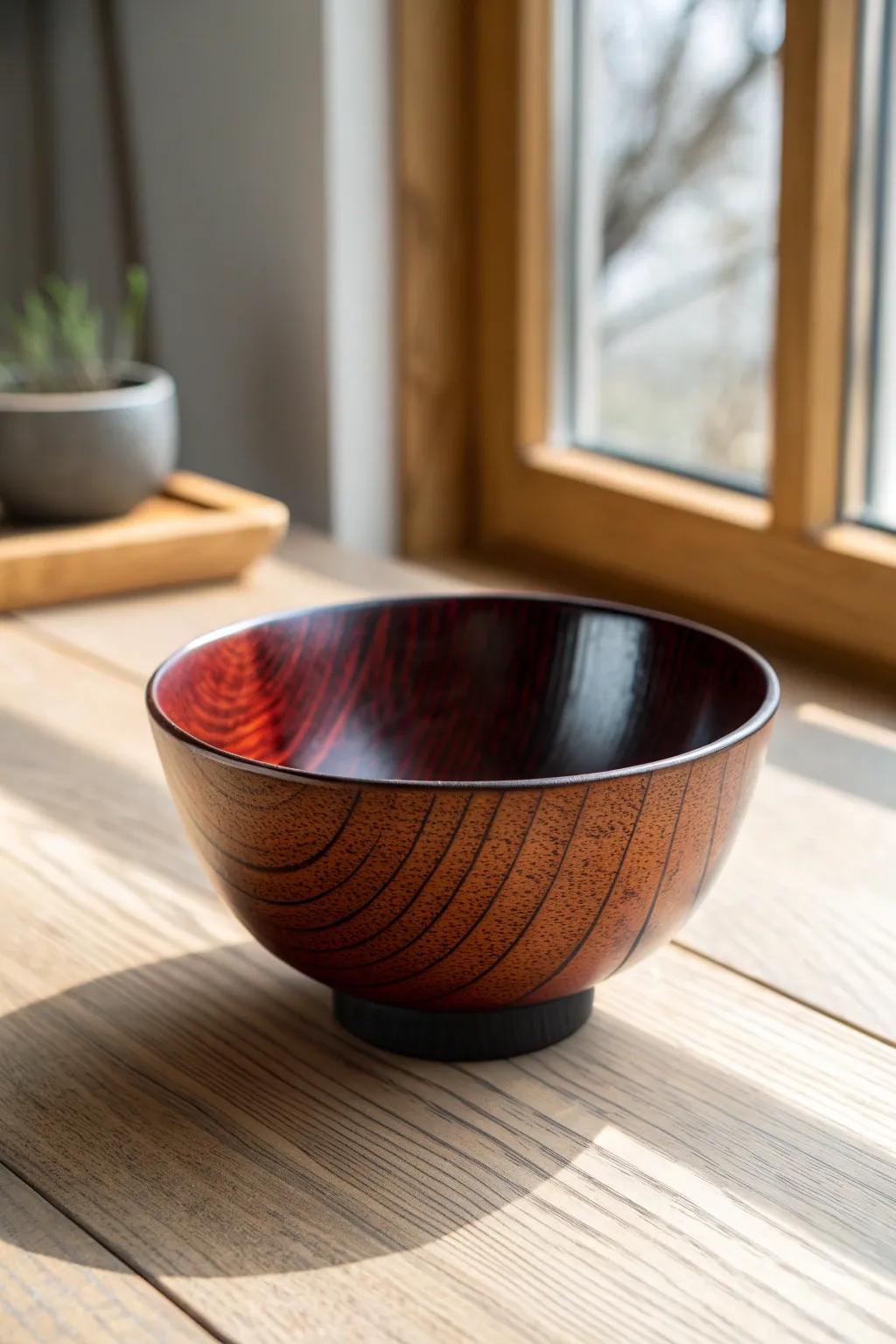 A lacquer-look wooden soup bowl adds quiet shine and intentional Japanese elegance.