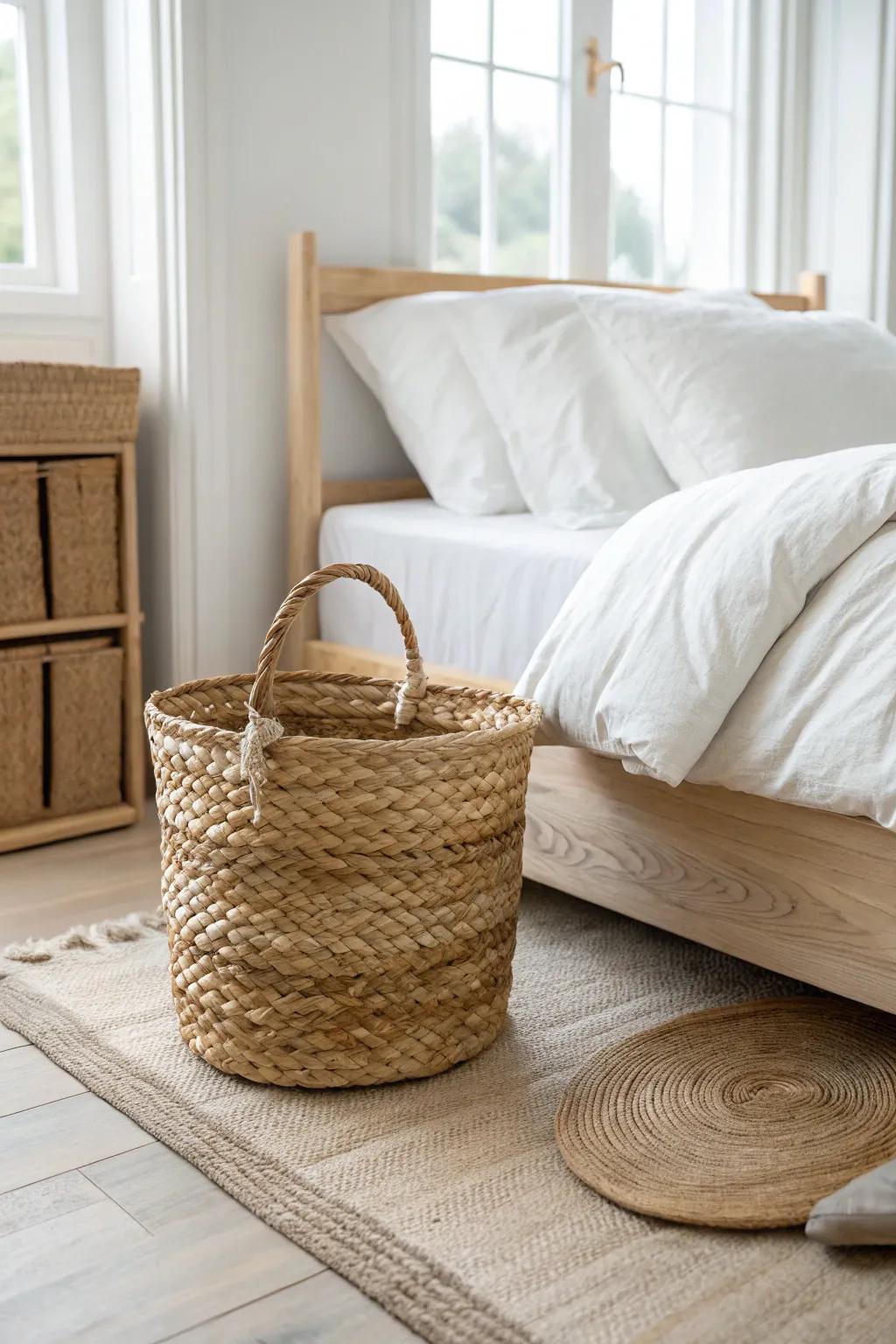 Jute rug texture meets woven basket + rumpled linen for a calm Scandinavian-boho bedroom.