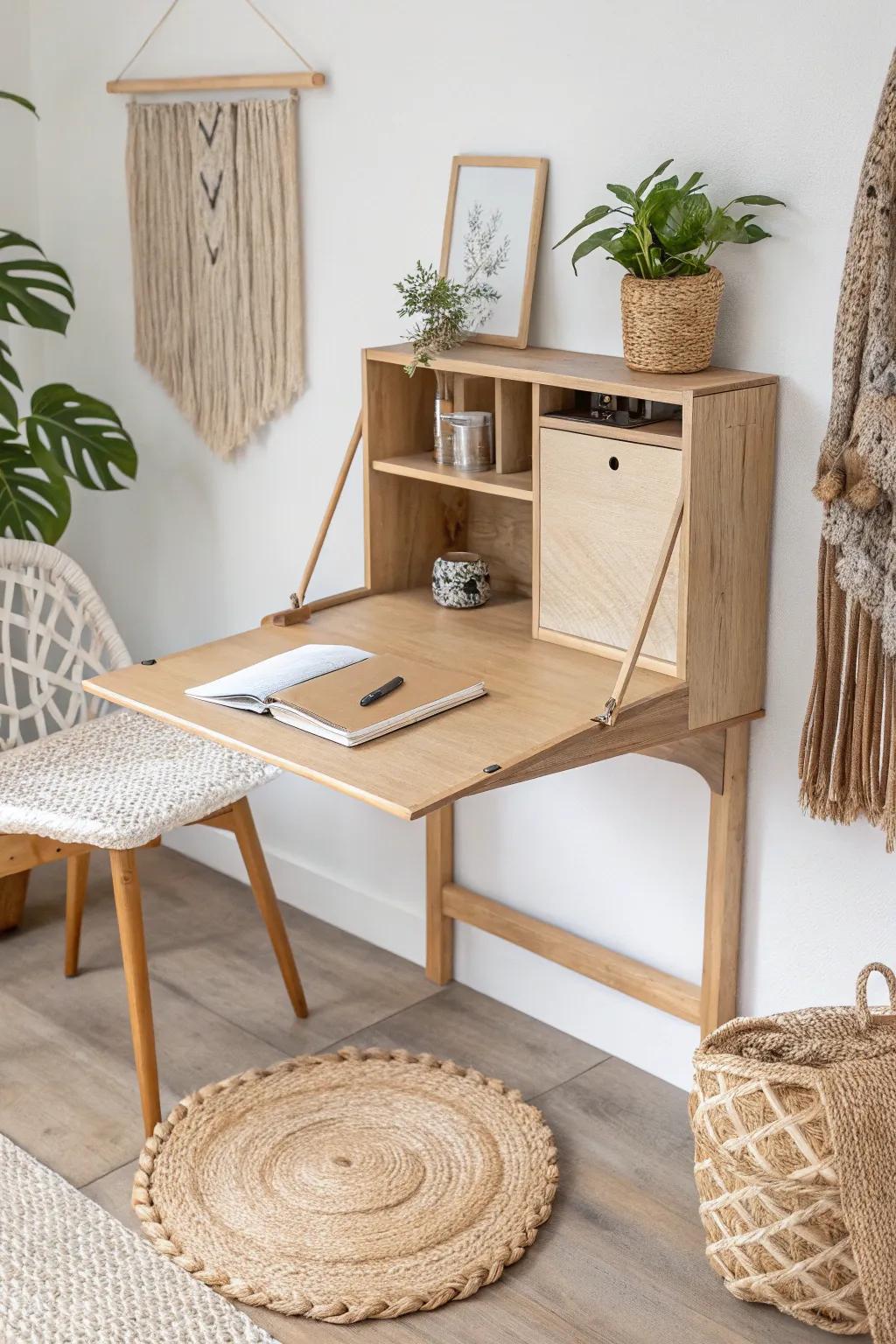Maximize your space with elegance: a minimalist fold-away desk that blends functionality with Scandinavian charm.