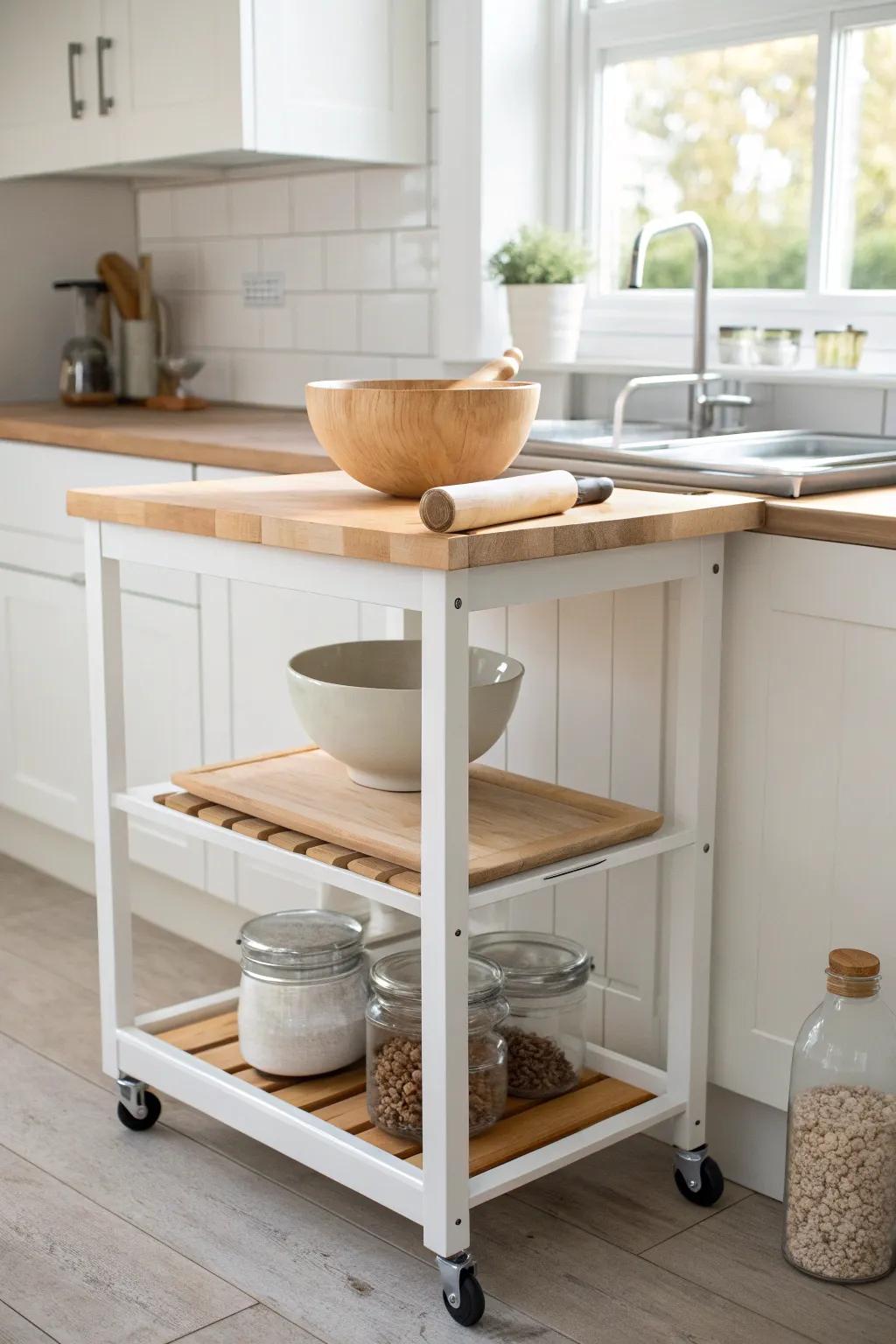 A rolling cart baking station: warm wood top, tidy shelves, and easy tuck-away storage.