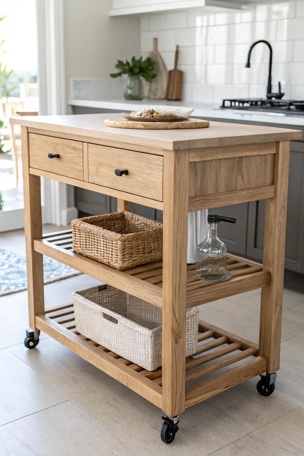 A rolling oak bar island with locking casters—flexible seating that parks rock-solid.