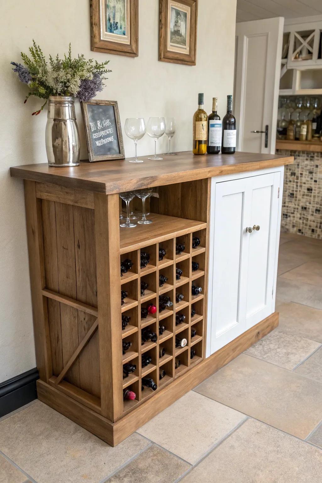 Minimalist bar top with a built-in wine cubby—beautiful storage that earns its footprint.