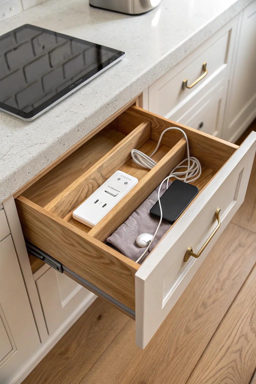 Hidden charging drawer: cords disappear, devices stay powered—minimal, warm wood kitchen luxury.