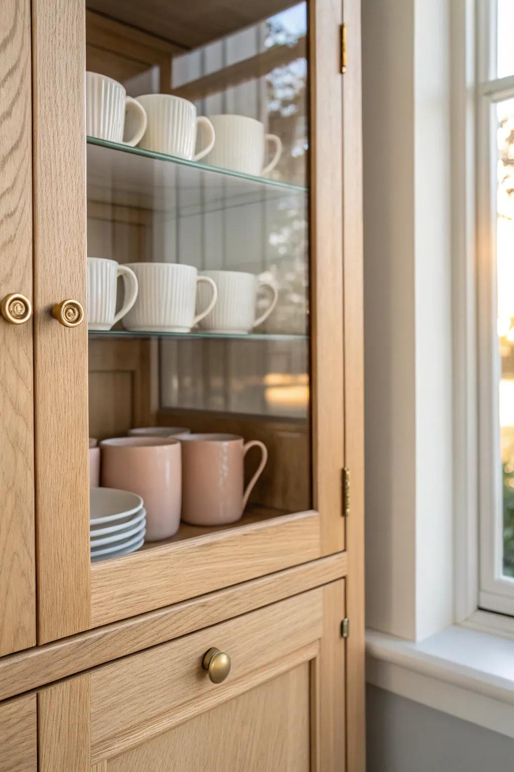 Glass-door cabinet styling: mugs in tidy alternating rows for a calm, ritual-ready coffee nook.