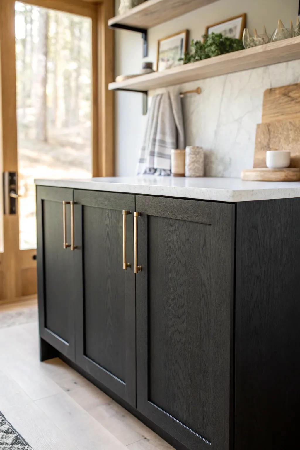 Matte black cabinets + white stone + warm wood accents: a bold statement that still feels cozy.