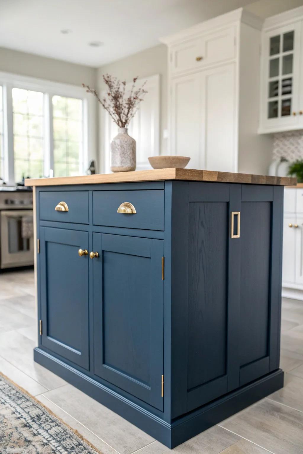 Deep navy painted island cabinetry adds a bold color pop against calm, neutral cabinets.