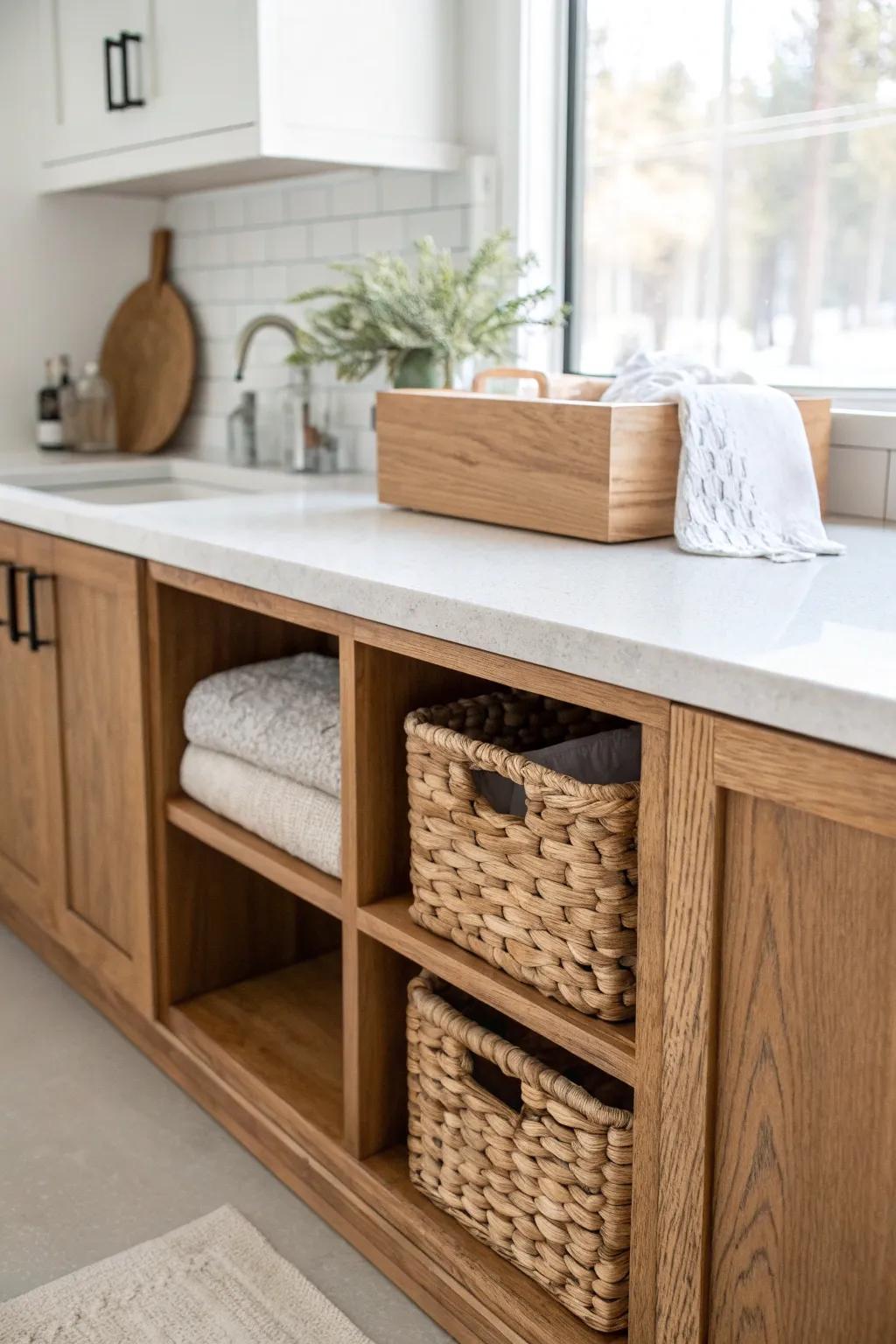 A warm reclaimed-wood counter shelf with a woven basket cubby—pretty storage that hides the mess.