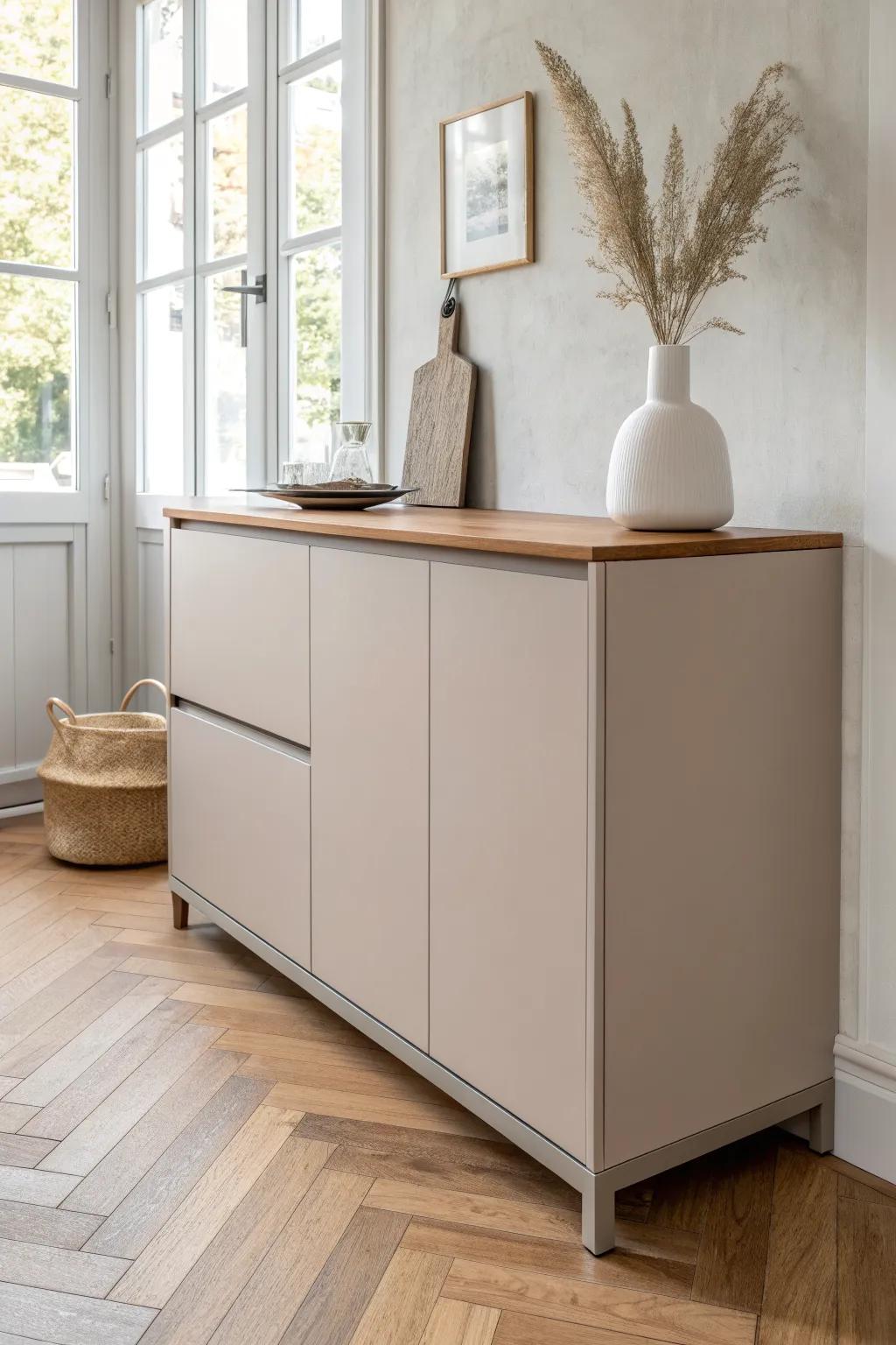 Taupe cabinets paired with warm oak floors—soft, neutral, and glowing with natural wood charm.