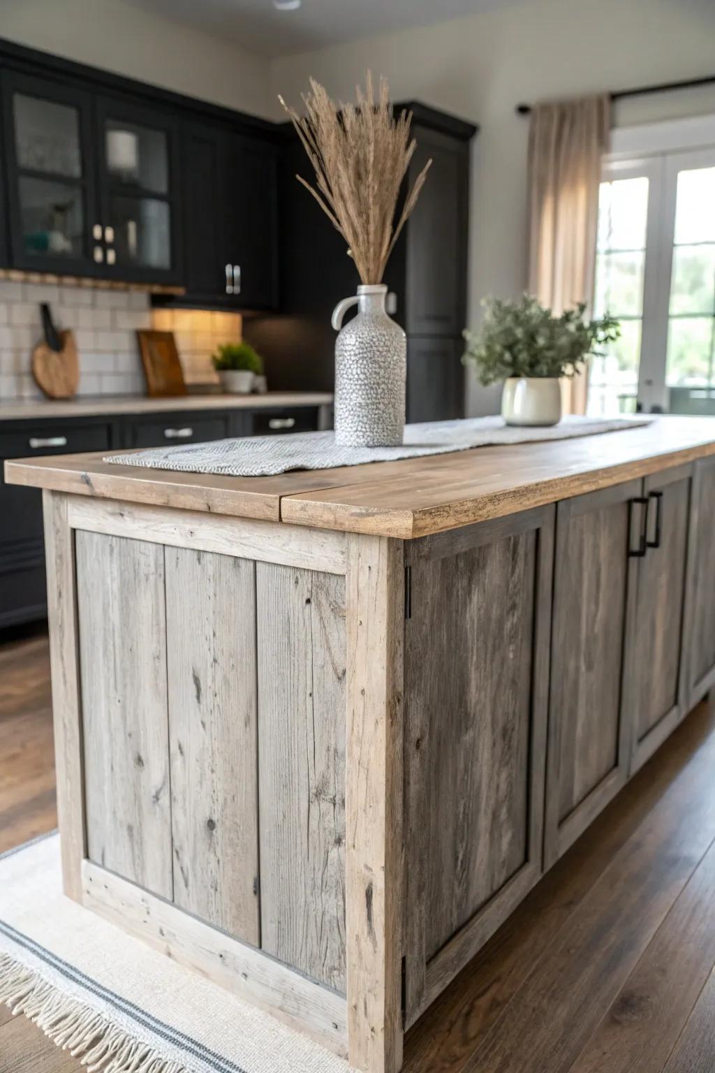 Weathered driftwood-gray island texture that makes dark cabinets feel warm and modern.
