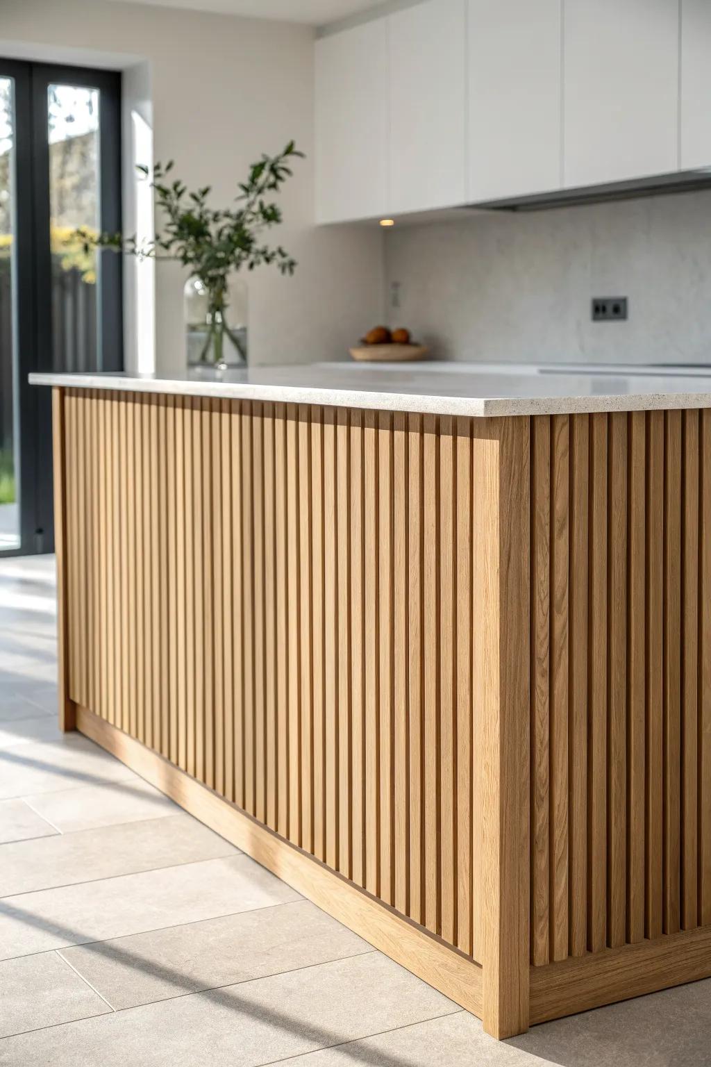 Modern fluted island front: tight vertical oak slats for depth, warmth, and clean Scandi style.