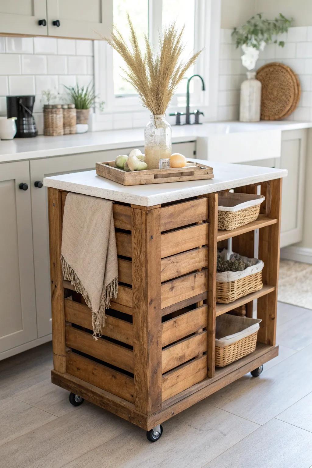 Reclaimed wood crate island on wheels—rustic cubbies with a clean Scandinavian-boho look.