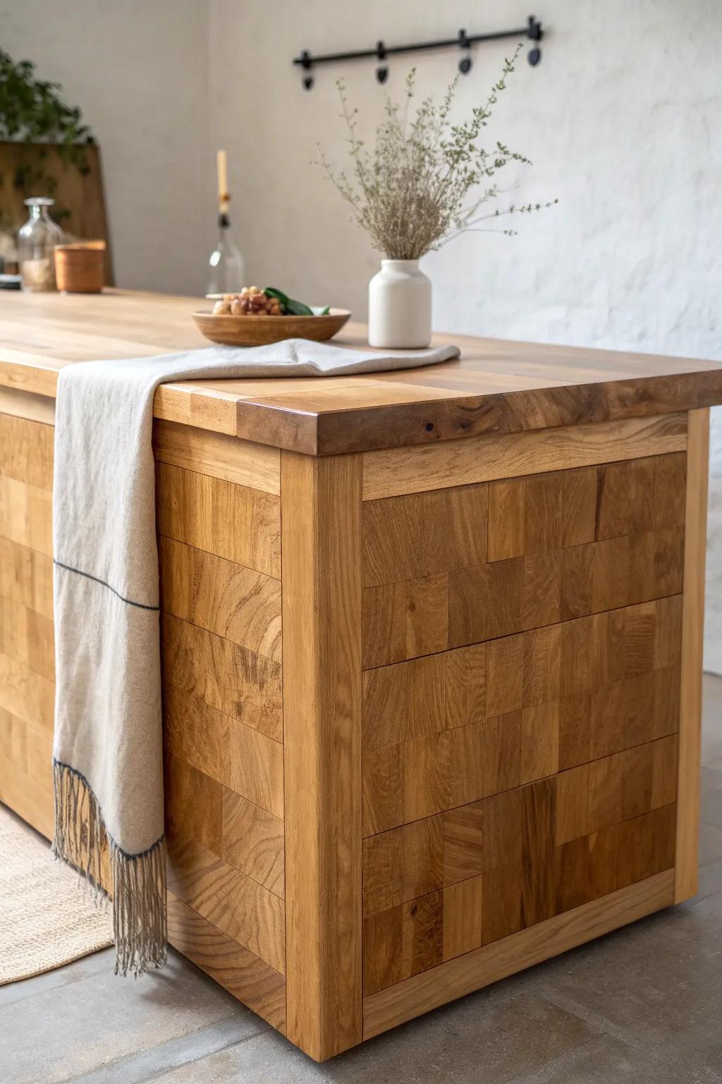 Butcher block end wrap: a thick, furniture-like island finish without a full rebuild.