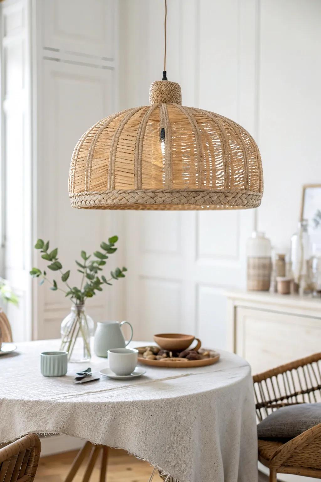 A warm statement pendant centered over the nook table—set it on a dimmer for instant coziness.