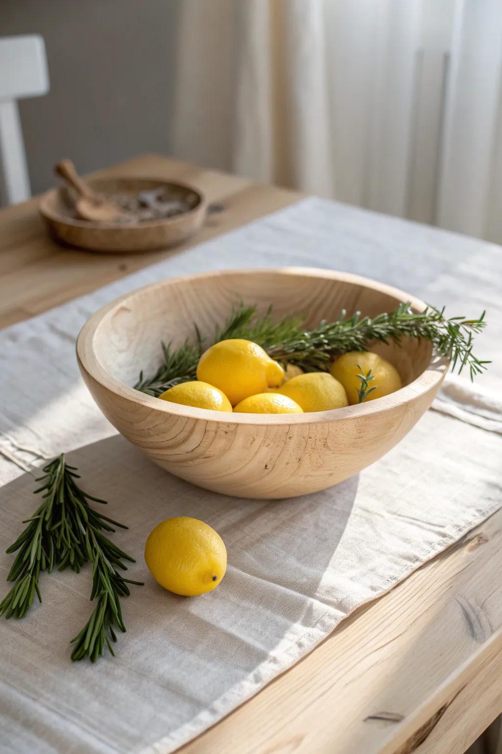 A shallow wood bowl of lemons and rosemary—fresh, farmhouse-simple, and effortlessly pretty.