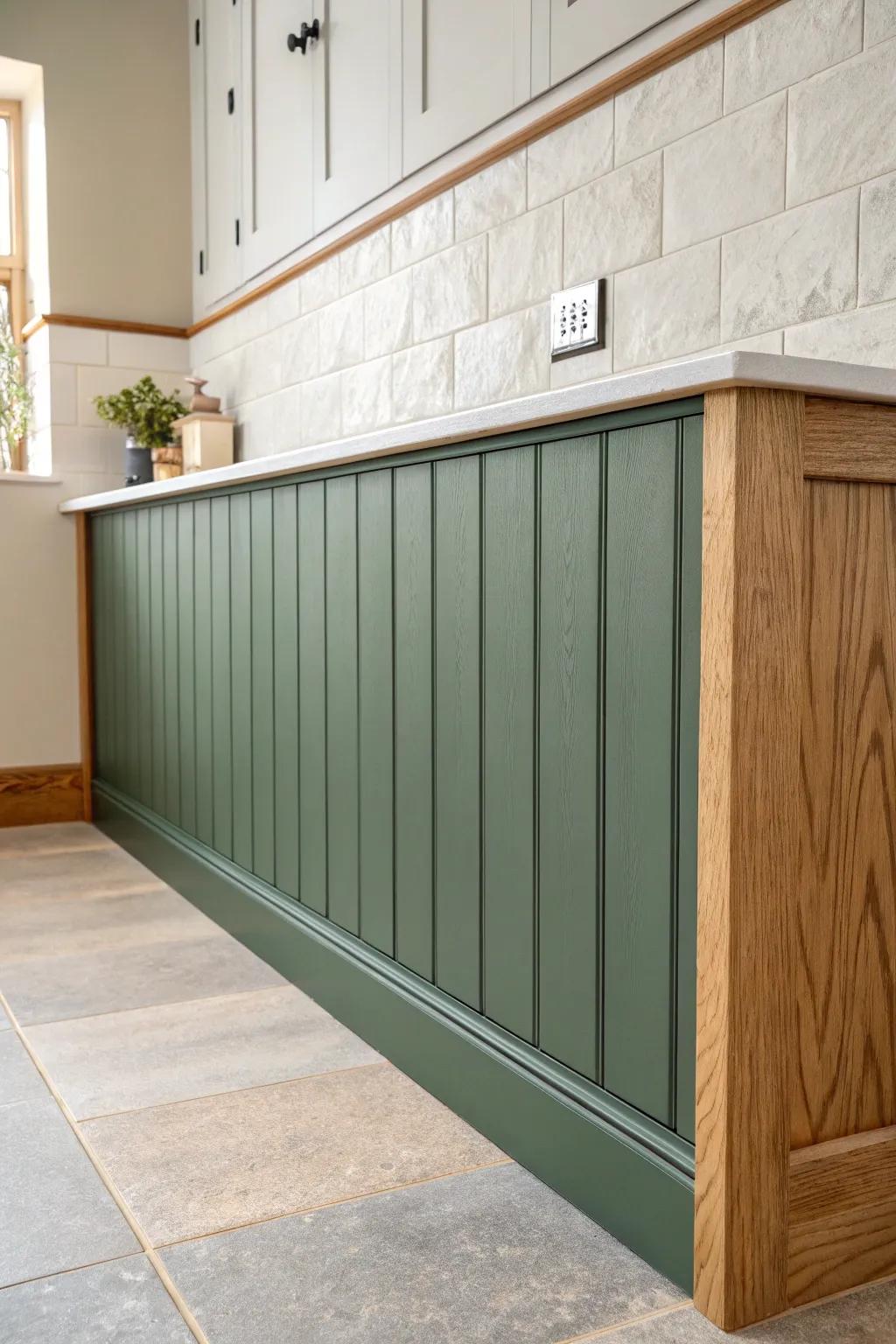 Two-tone color-blocked paneling: creamy upper wall + moody sage panels for instant kitchen drama.