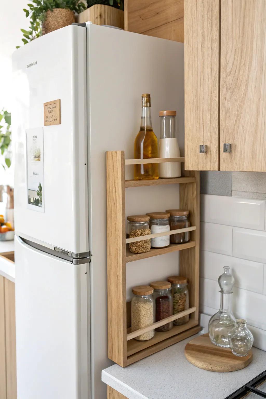 A slim wooden shelf turns the fridge gap into chic storage for oils, salt, and spices.