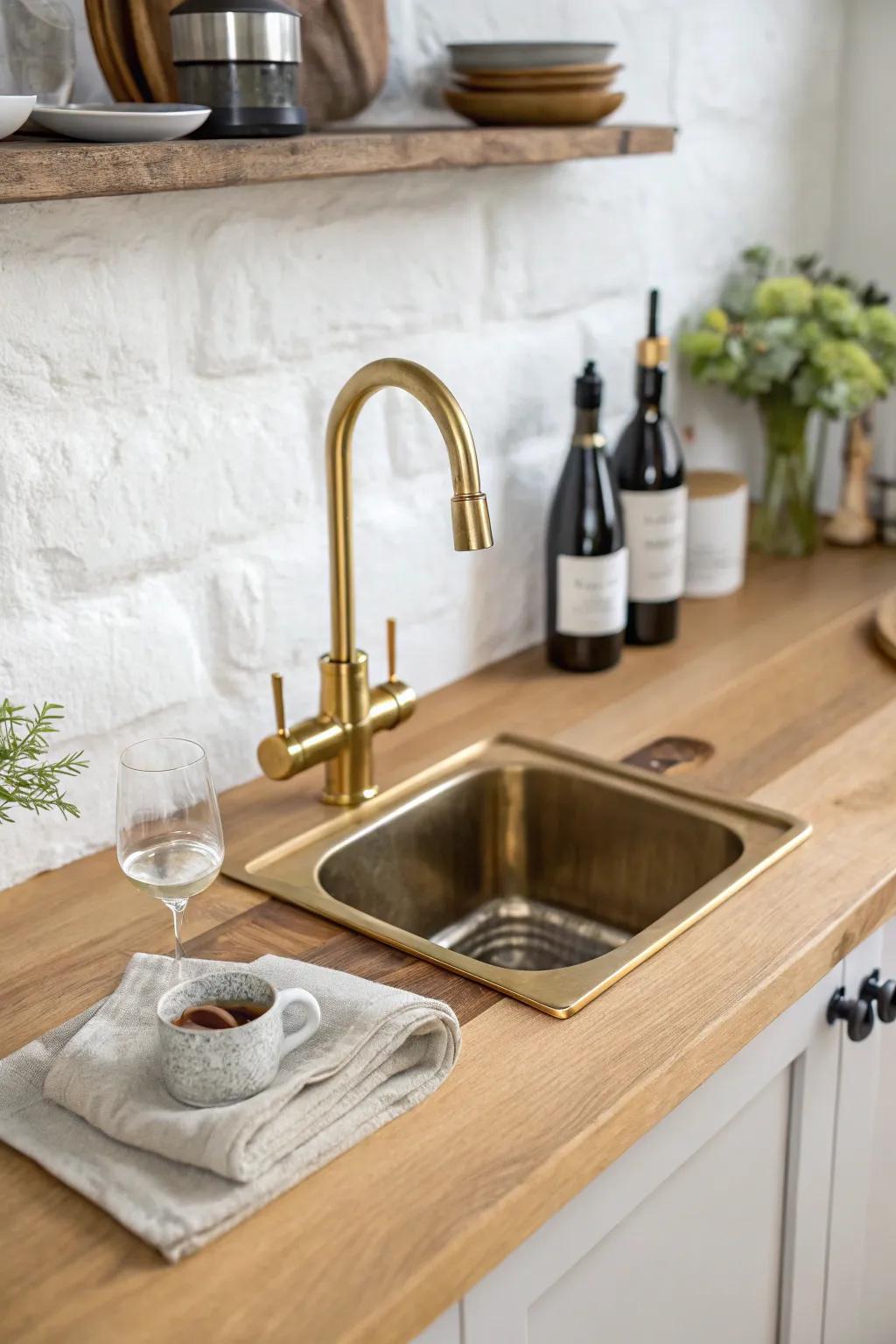 A petite wet bar sink beside the prep counter—perfect for rinsing glasses and filling ice.