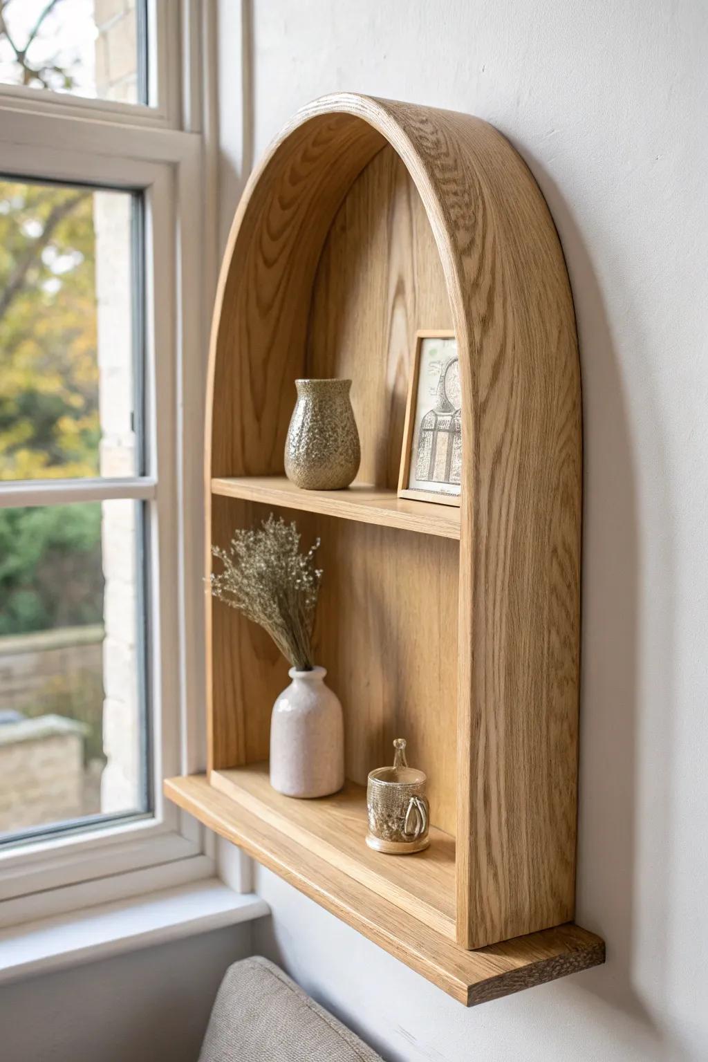 A soft arched oak niche shelf that makes tiny keepsakes feel curated, not cluttered.
