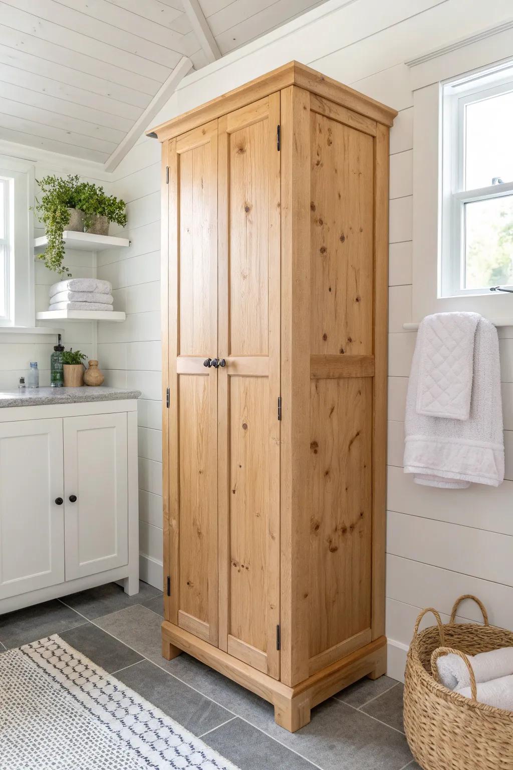 A slim knotty pine built-in linen cabinet that turns an awkward corner into calm storage.
