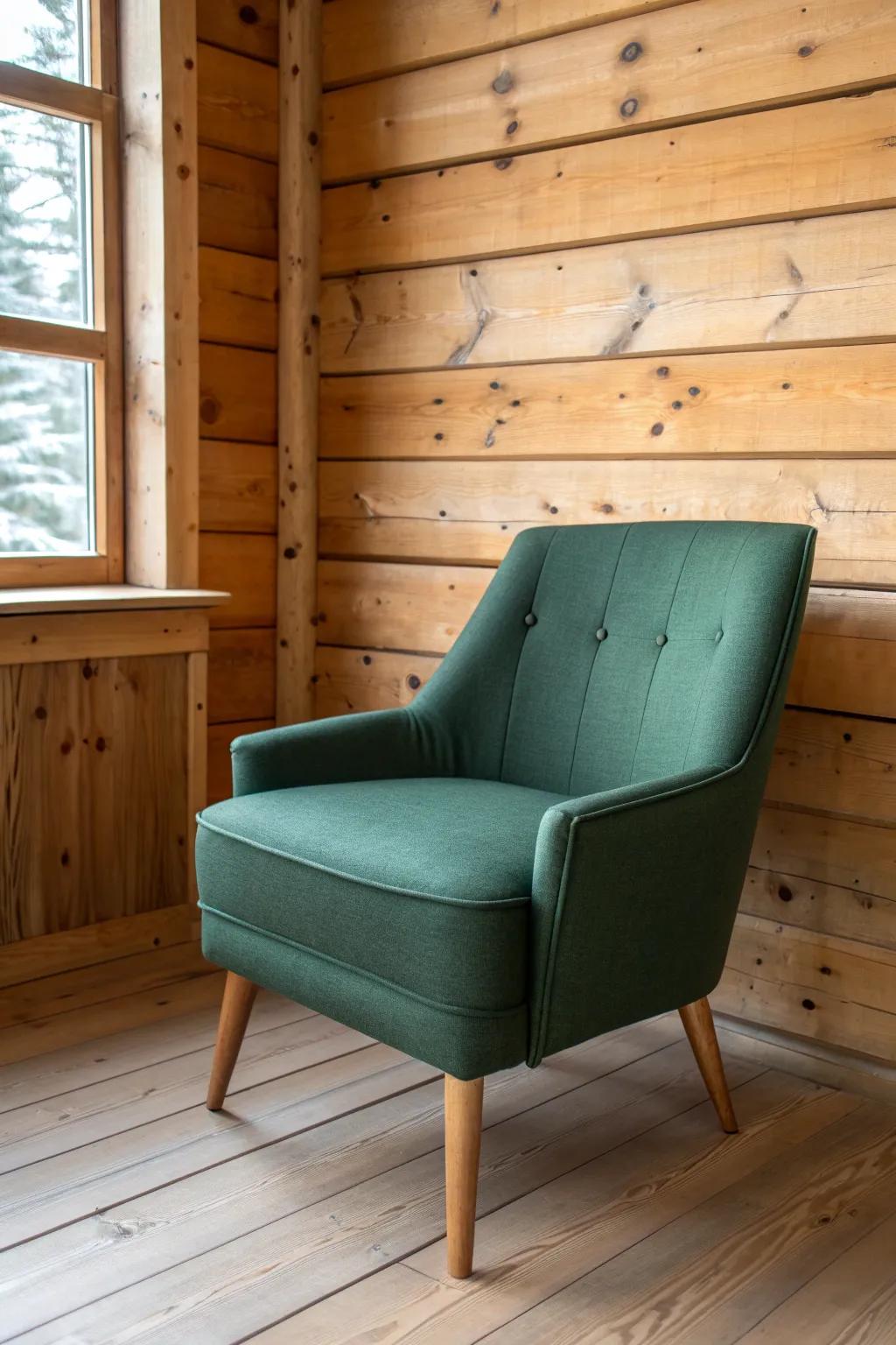 Deep forest green against knotty pine adds cabin-chic contrast and makes the wood look richer.