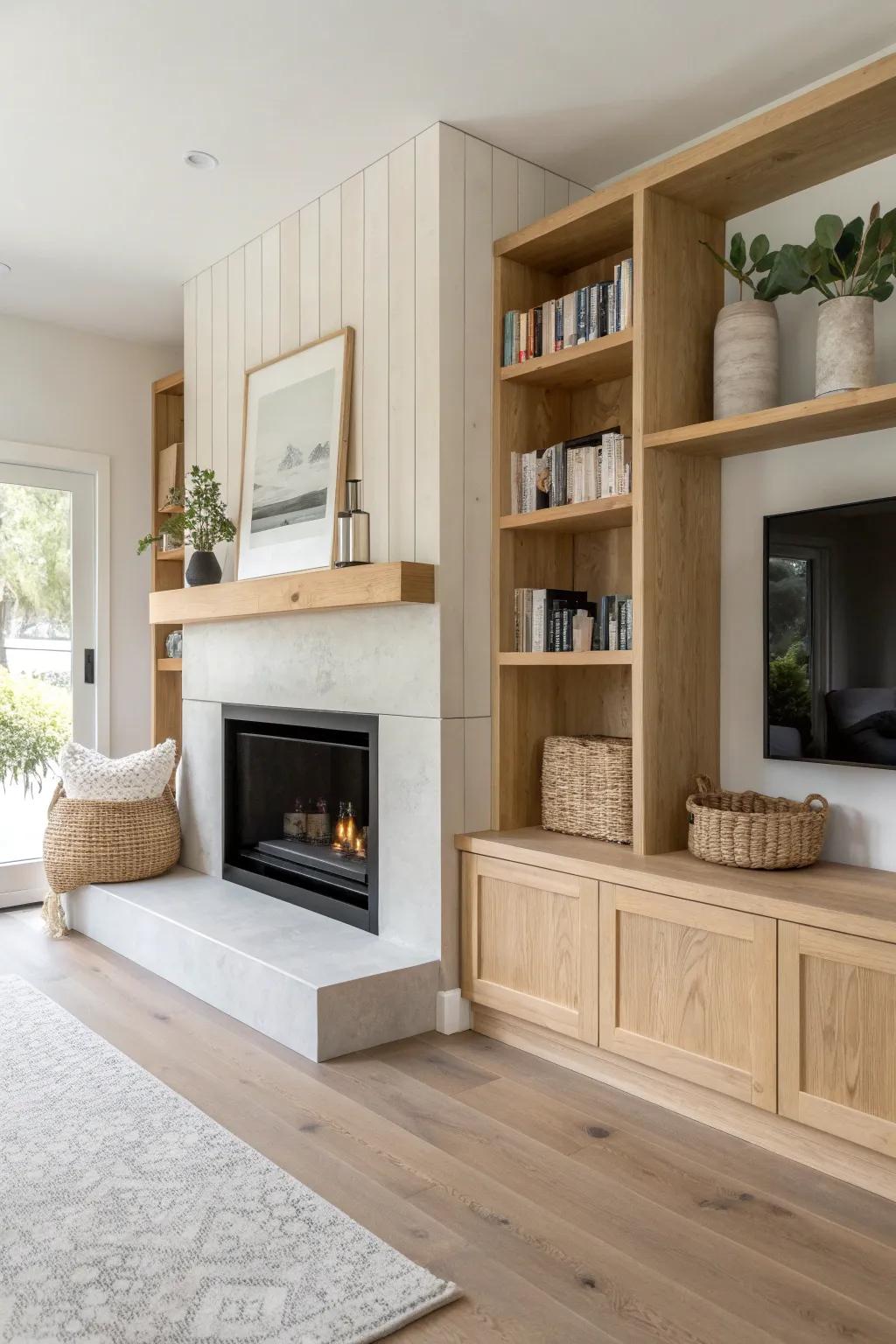 L-shaped fireplace with matching pine built-ins—clean, balanced, and beautifully finished.