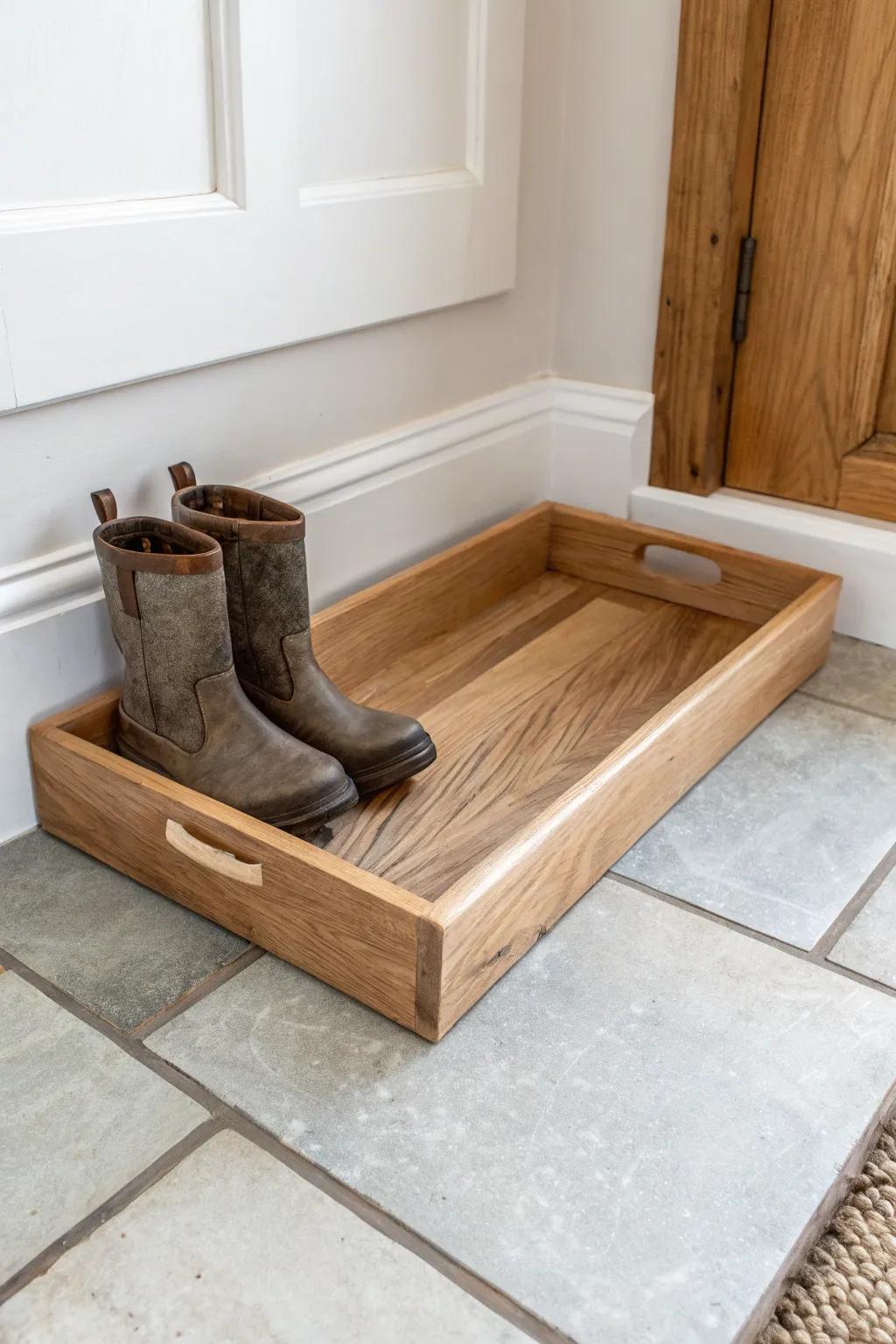 A corner boot tray with a wooden lip keeps muddy drips contained—clean floors, calm entryway.