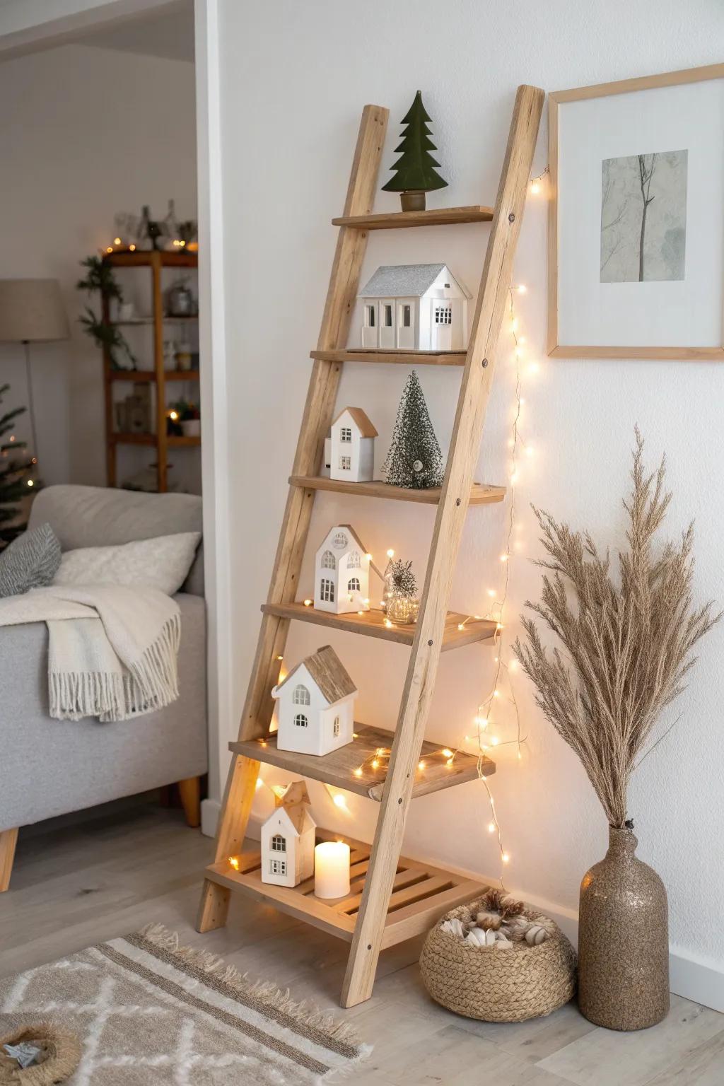 Turn a wooden ladder into glowing Christmas village shelves—cozy, minimal, and magical.