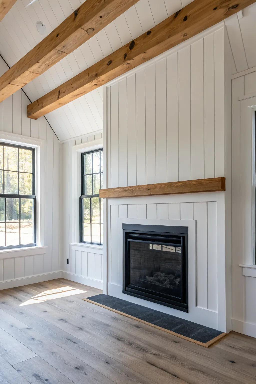 Crisp board-and-batten fireplace wall—clean lines, warm oak, and a calm lake-house feel.