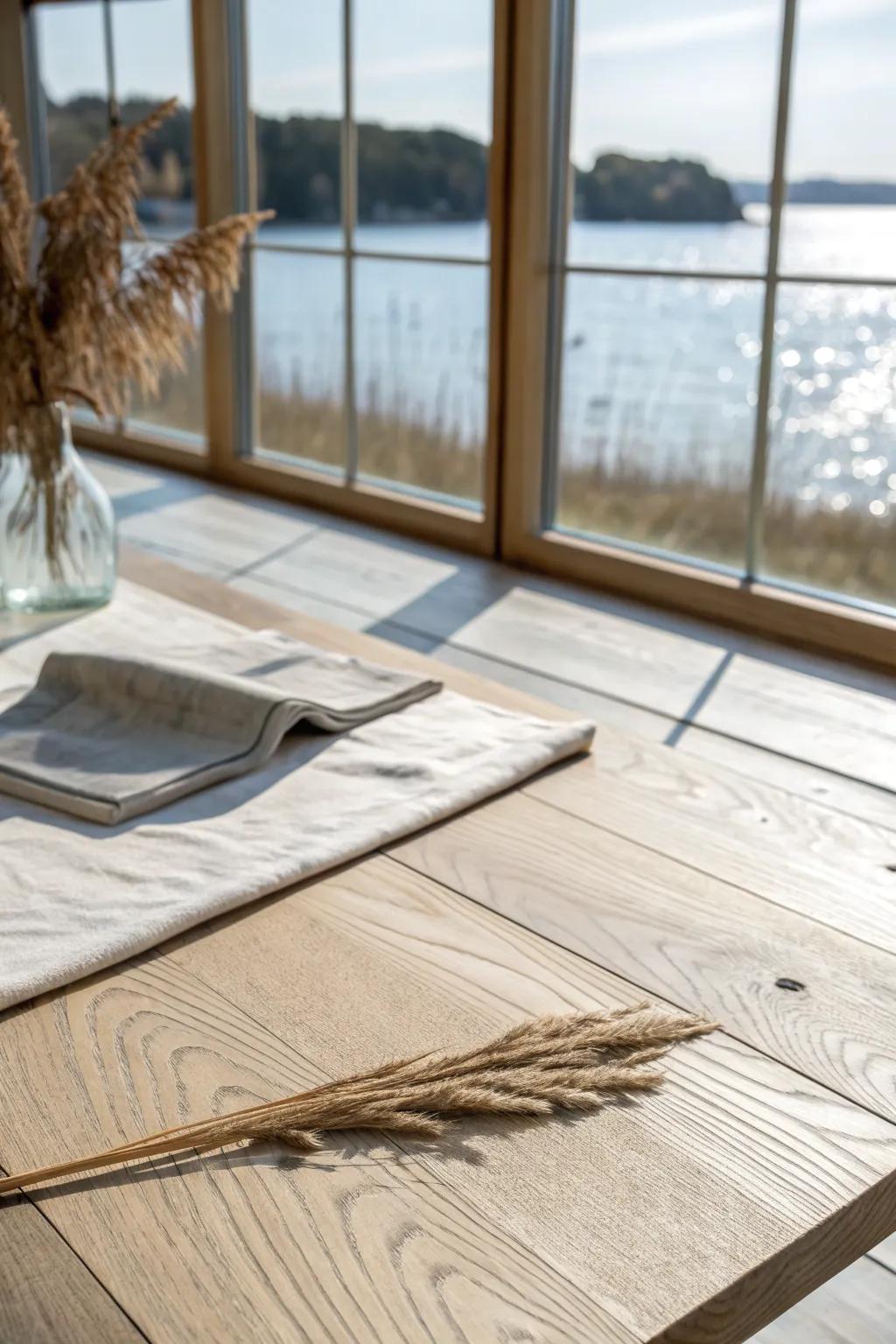 Extra-wide oak planks calm open-concept lake houses and guide the eye straight to the view.