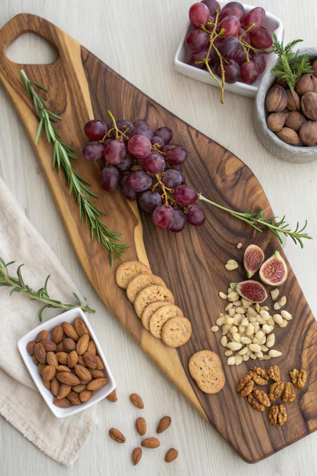 Wild, overflowing scatter on a large walnut board—clustered fruit and nuts for effortless calm.
