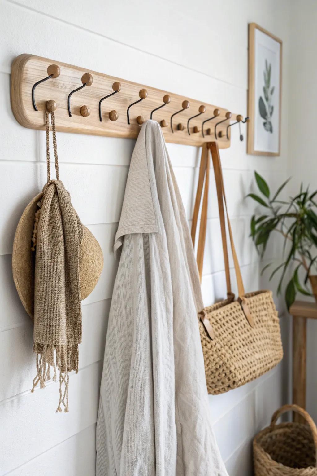 A classic oak peg rail with movable pegs—minimal, flexible, and perfect for laundry rooms.